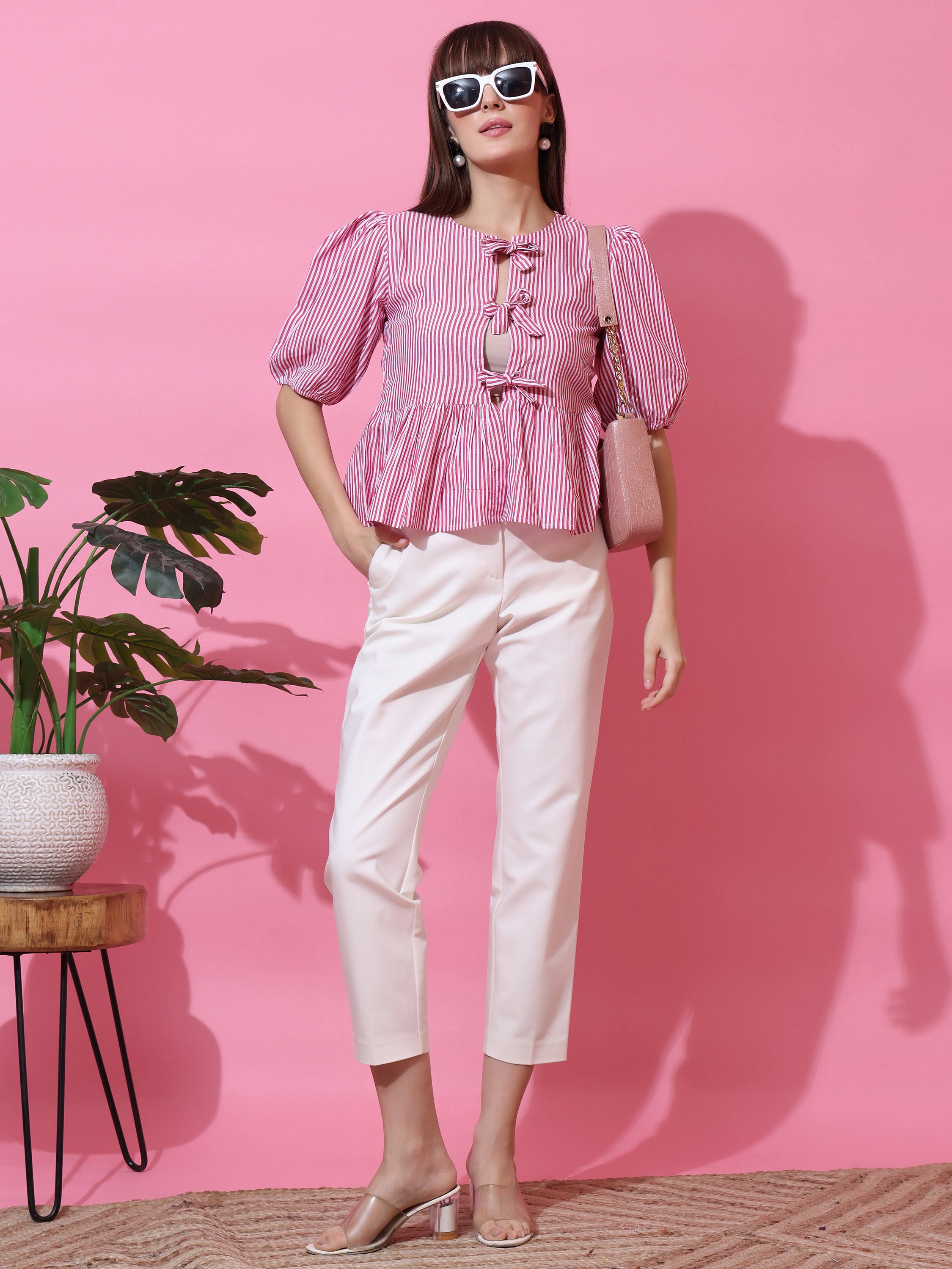Women’s Pink & White Striped Peplum Top with Front Tie-Up Bows and Puff Sleeves