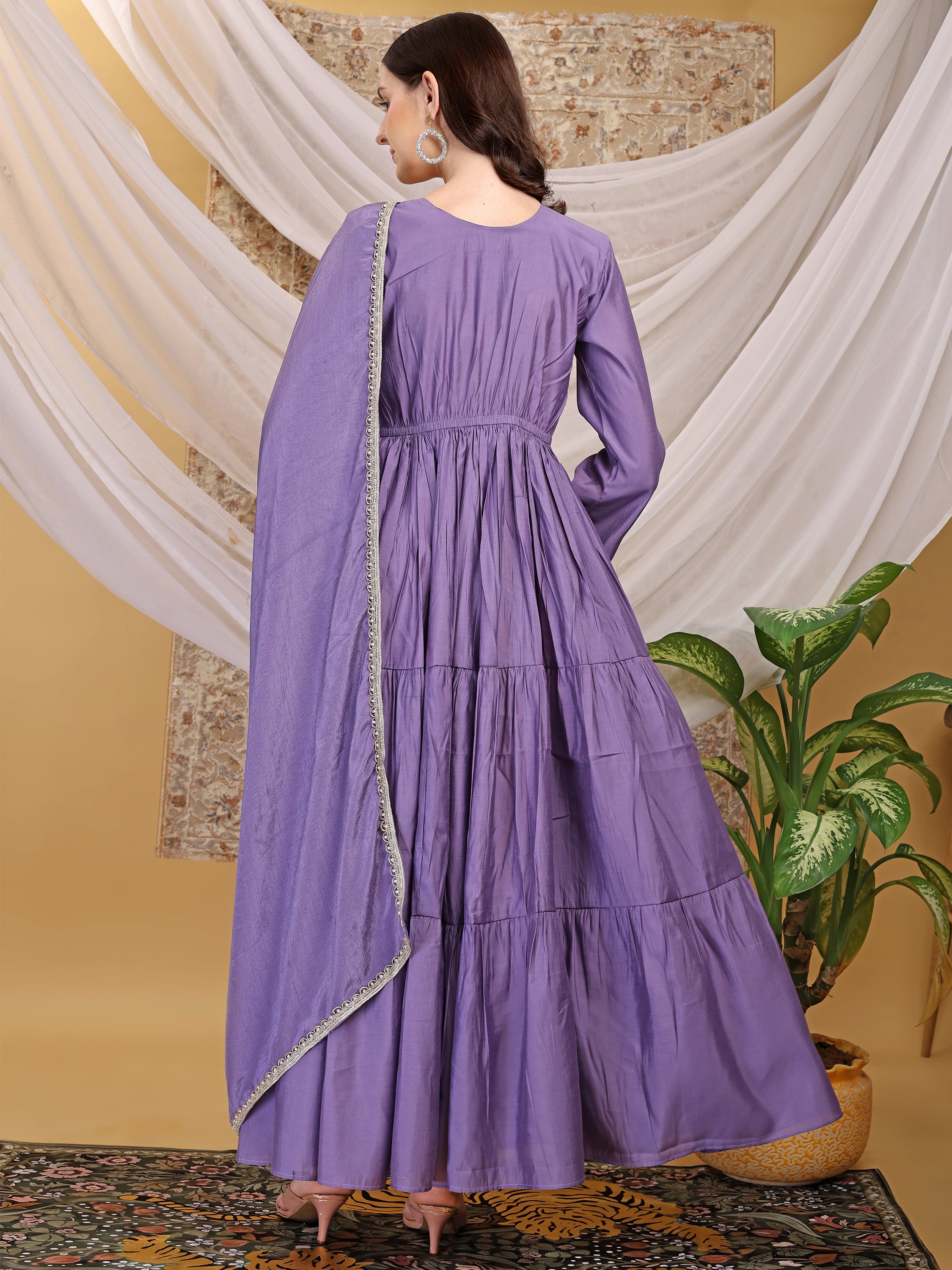 Women's Lavender Hand Work Tiered Anarkali Dress with Dupatta Flared Ethnic Gown for Festive, Wedding & Party Wear