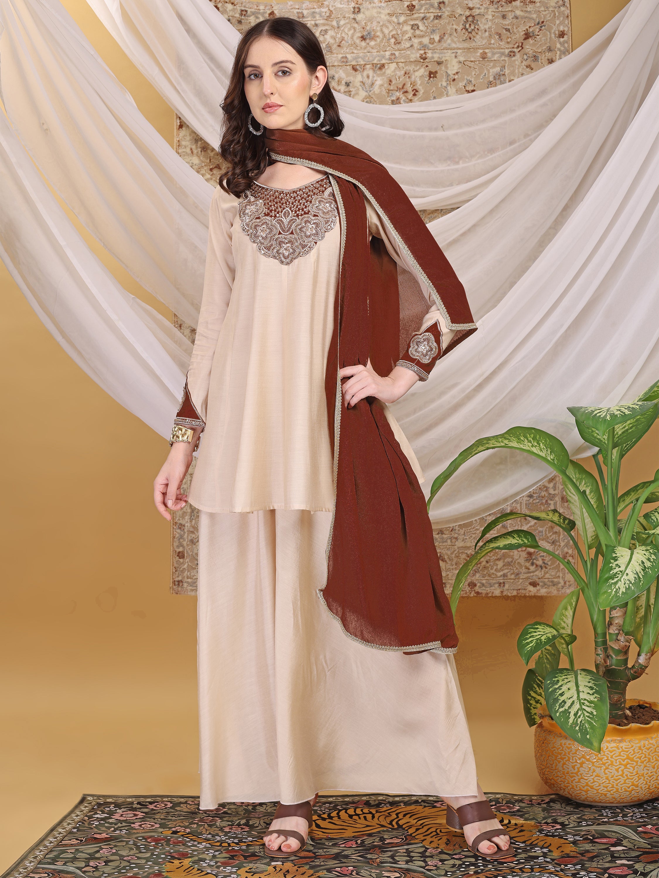 Women's Brown & Beige A-Line Top Palazzo with Contrasting Brown Dupatta Set Ethnic Suit Set for Festive, Wedding & Party Wear