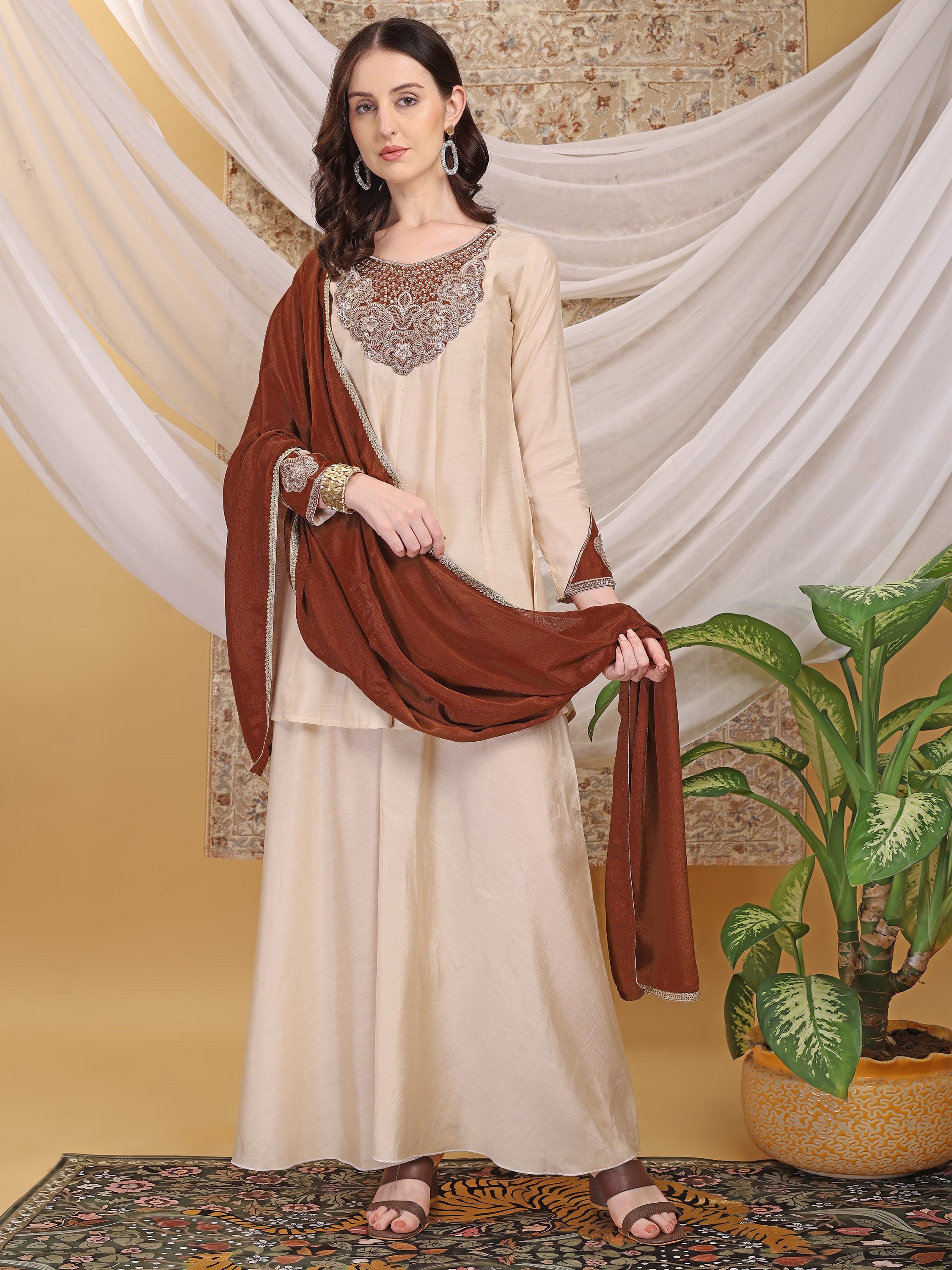 Women's Brown & Beige A-Line Top Palazzo with Contrasting Brown Dupatta Set Ethnic Suit Set for Festive, Wedding & Party Wear