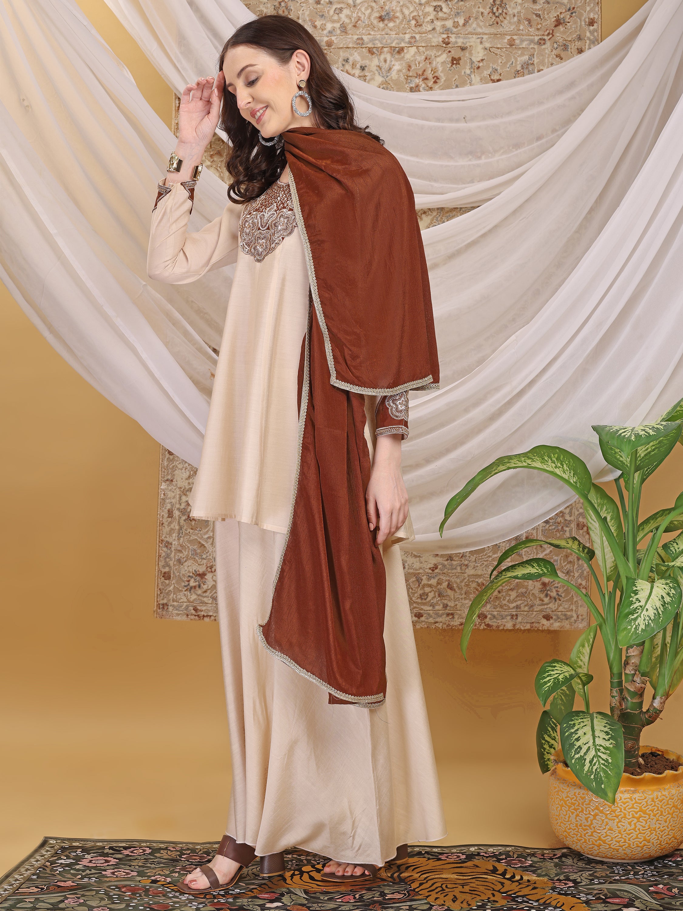 Women's Brown & Beige A-Line Top Palazzo with Contrasting Brown Dupatta Set Ethnic Suit Set for Festive, Wedding & Party Wear