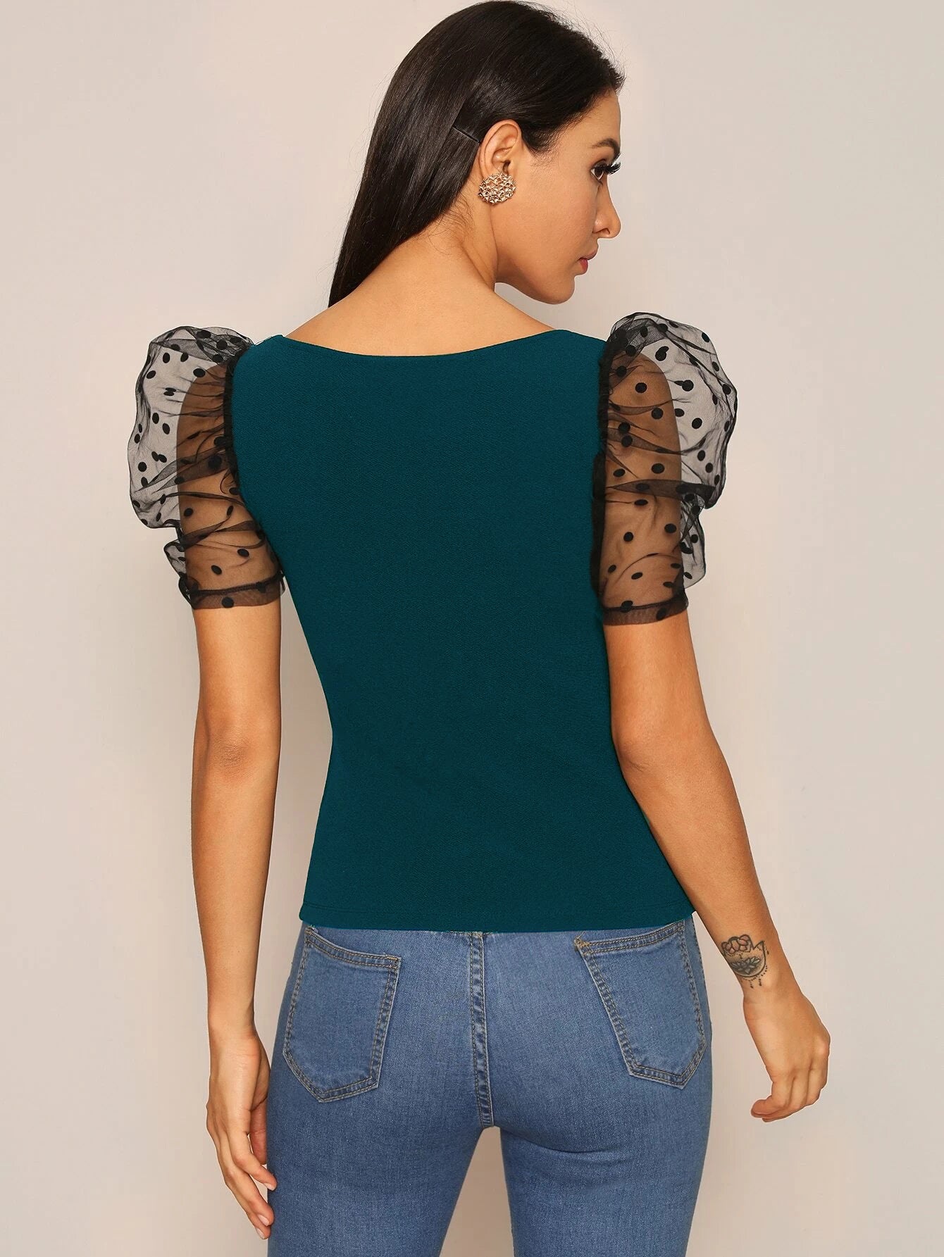 Slim Fit Peplum Bishop Sleeve Solid Top For Women