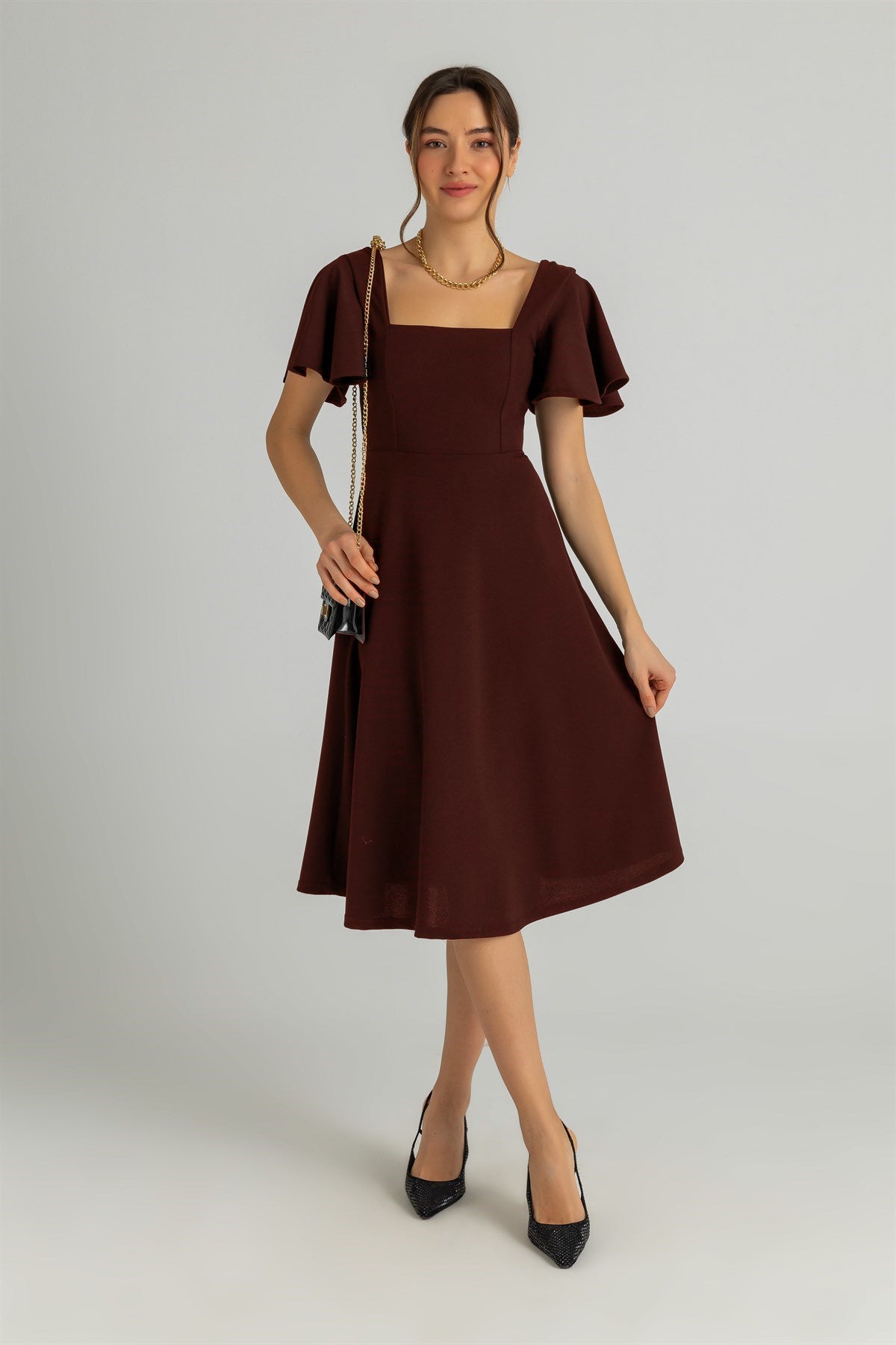 Maroon Square Neck Fit & Flare Midi Dress with Flutter Sleeves