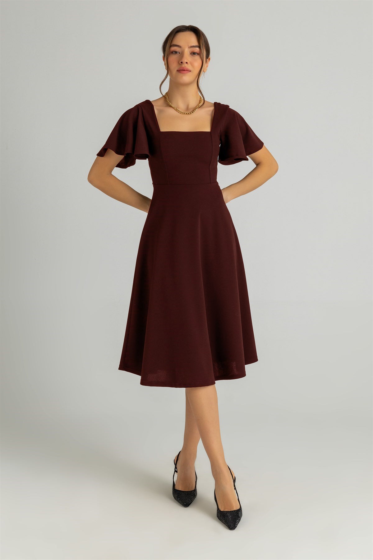 Maroon Square Neck Fit & Flare Midi Dress with Flutter Sleeves