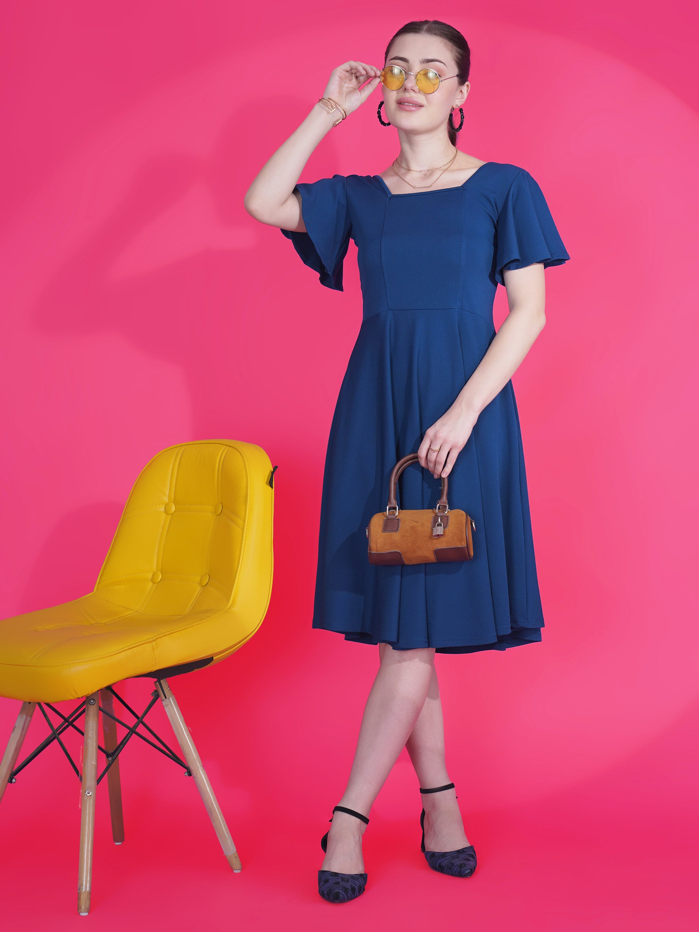 Flared Sleeve Fit & Flare Midi Dress