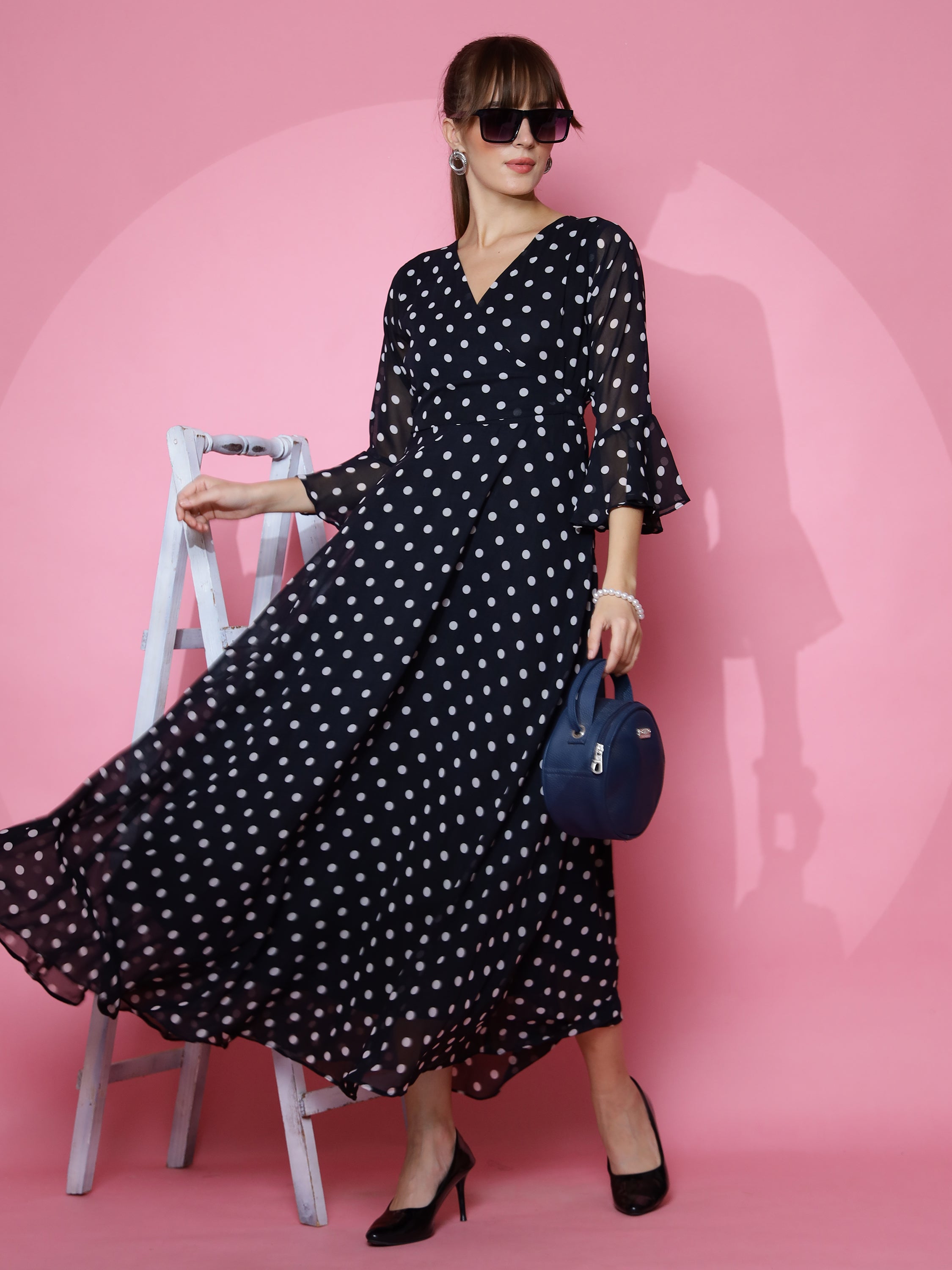 Women Polka Dot Print Georgette A-line Midi Dress