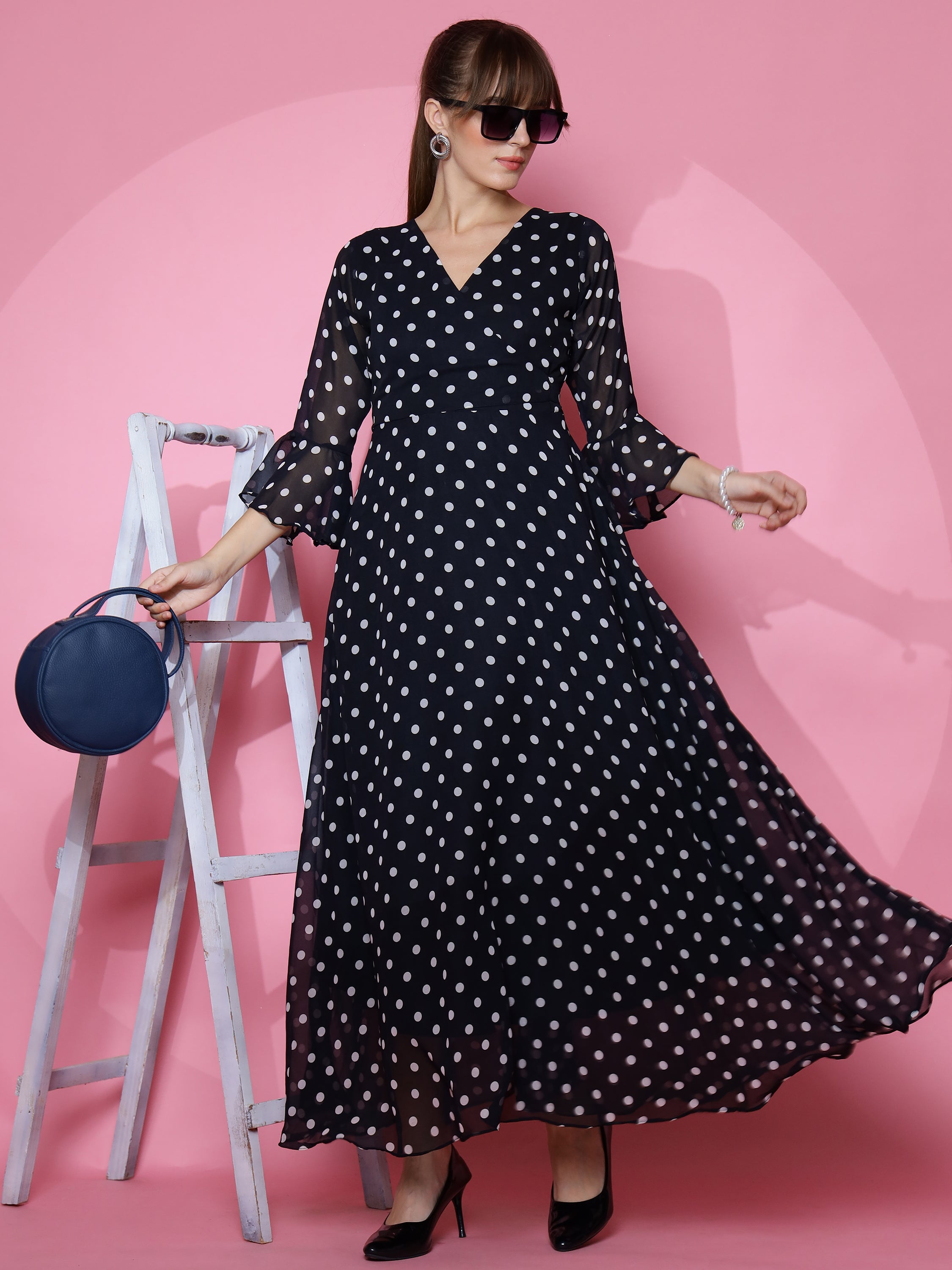 Women Polka Dot Print Georgette A-line Midi Dress