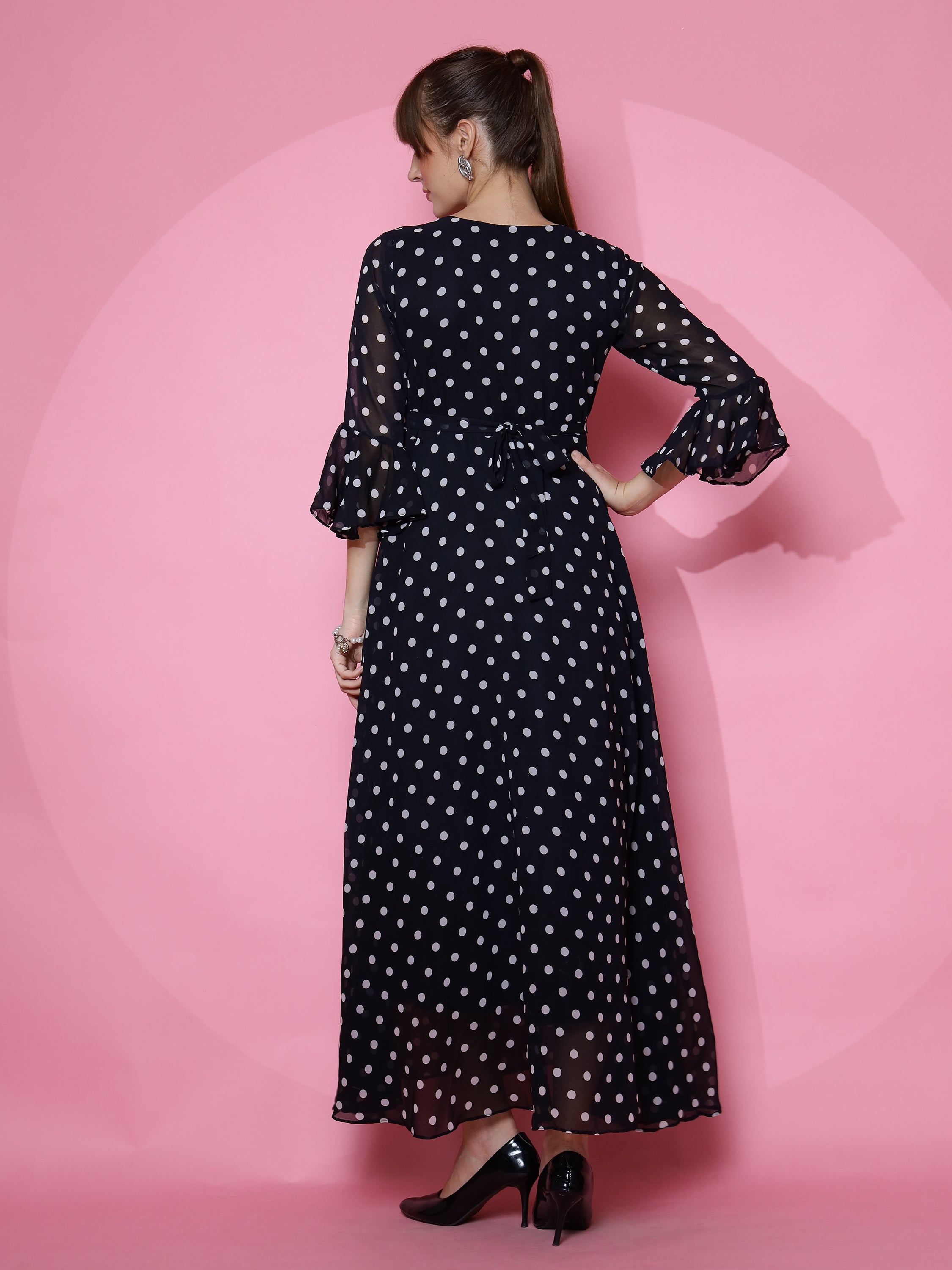 Women Polka Dot Print Georgette A-line Midi Dress