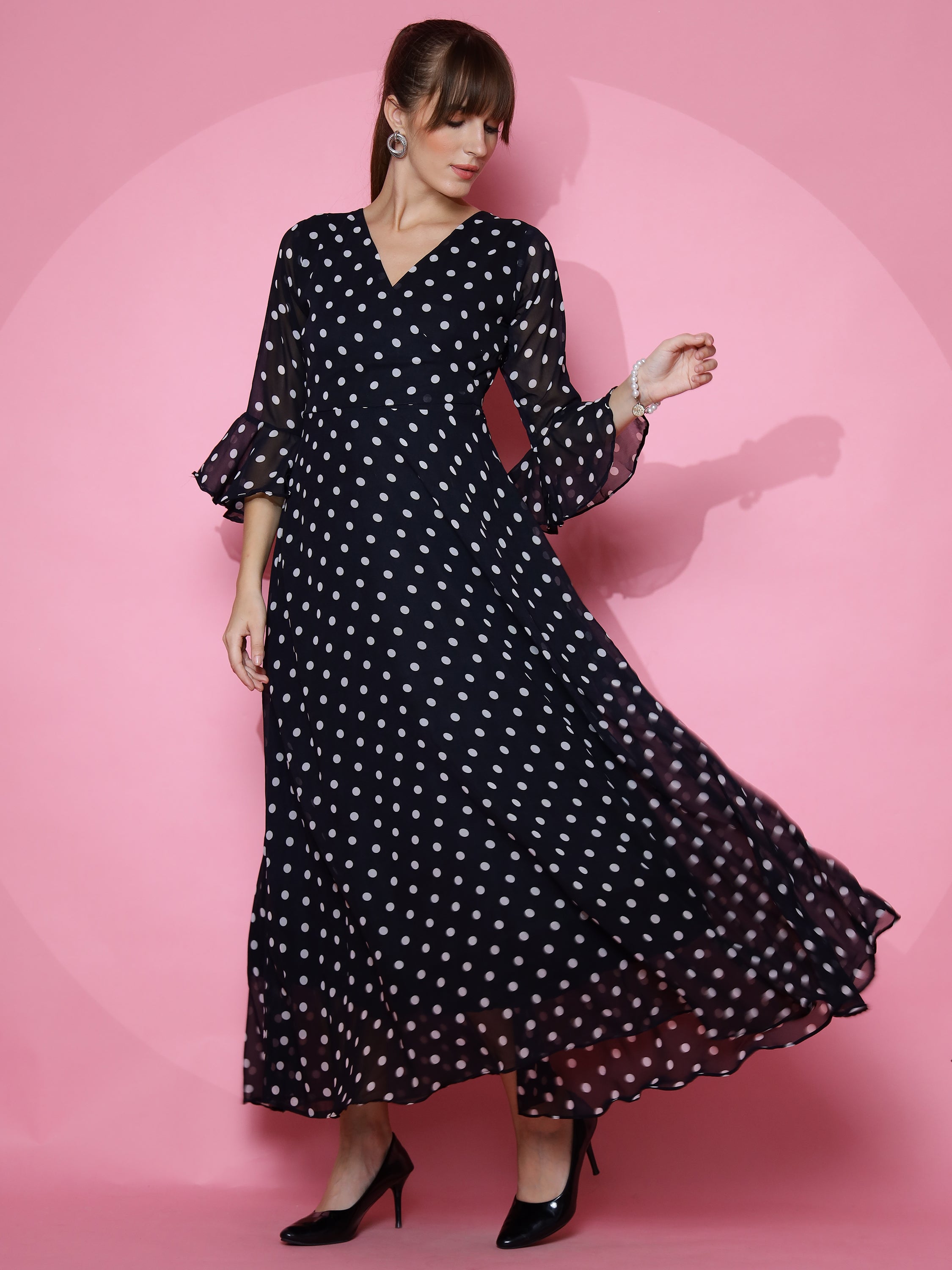 Women Polka Dot Print Georgette A-line Midi Dress