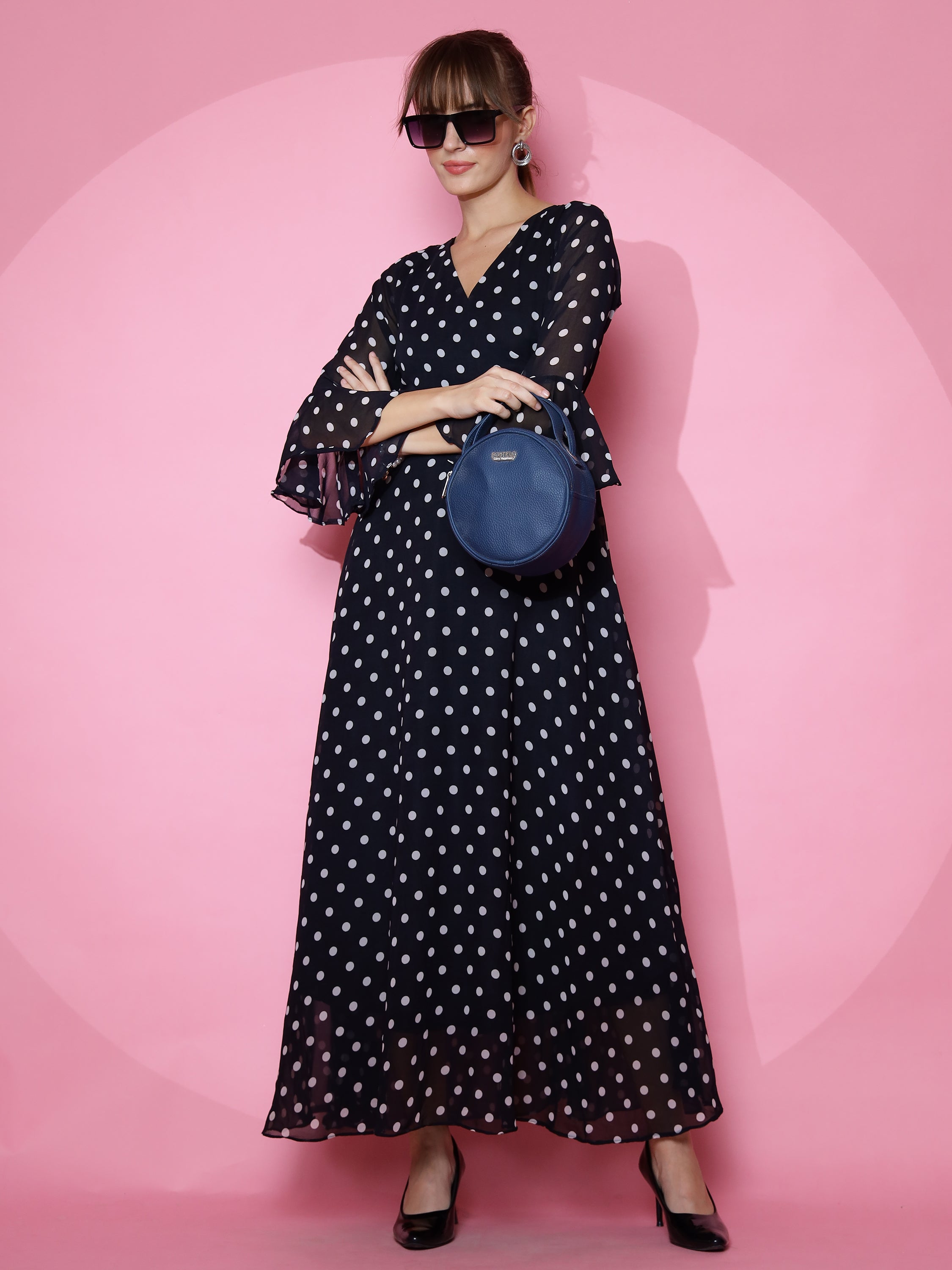 Women Polka Dot Print Georgette A-line Midi Dress