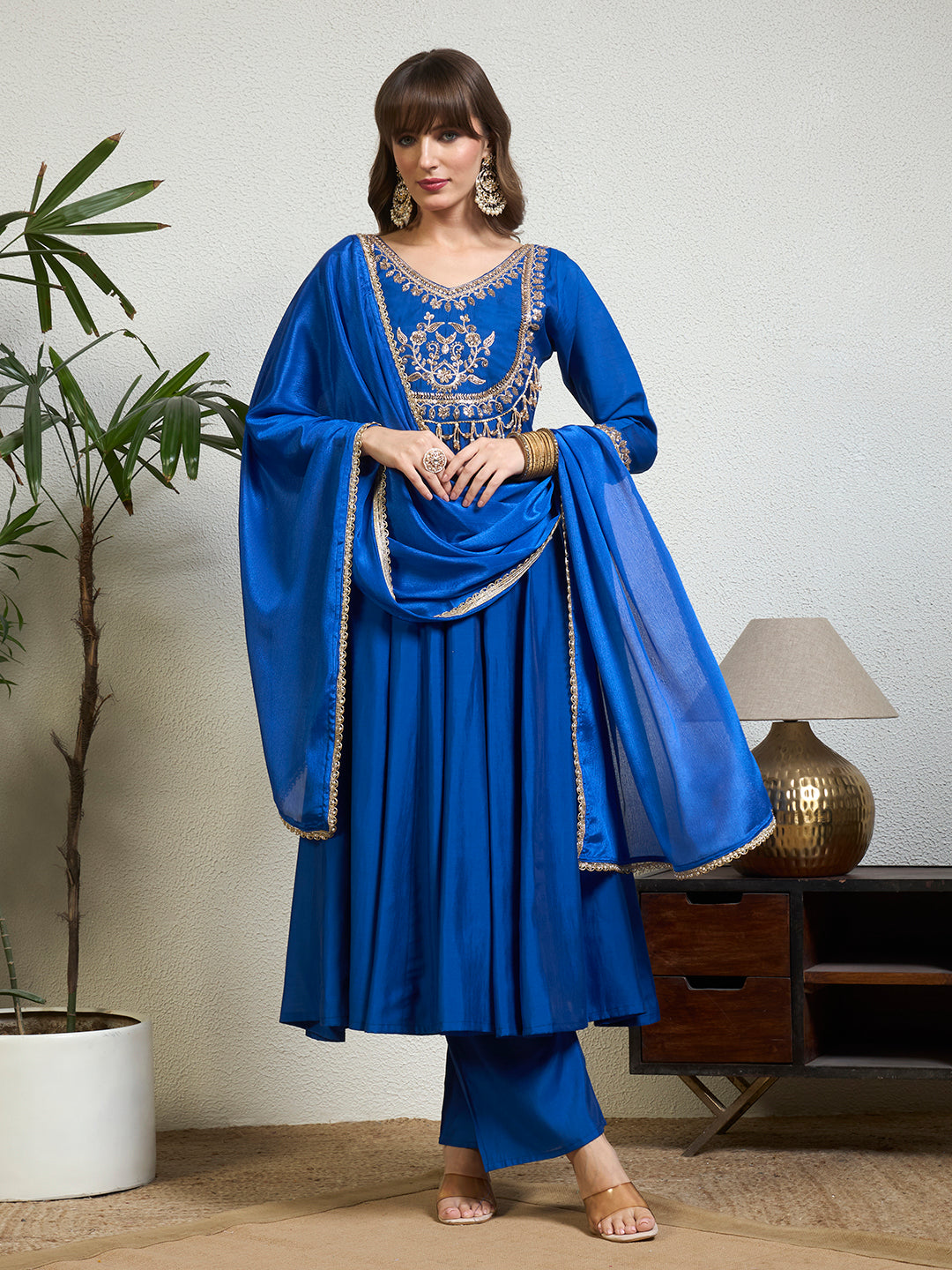 Women Royal Blue Emblished Zardosi Work With Tassel Yoke Anarkali Kurta Set with Straight Pants & Dupatta