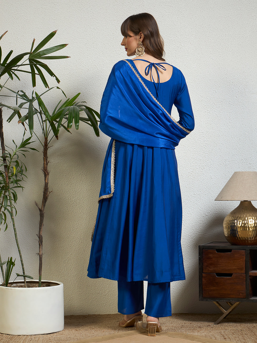 Women Royal Blue Emblished Zardosi Work With Tassel Yoke Anarkali Kurta Set with Straight Pants & Dupatta