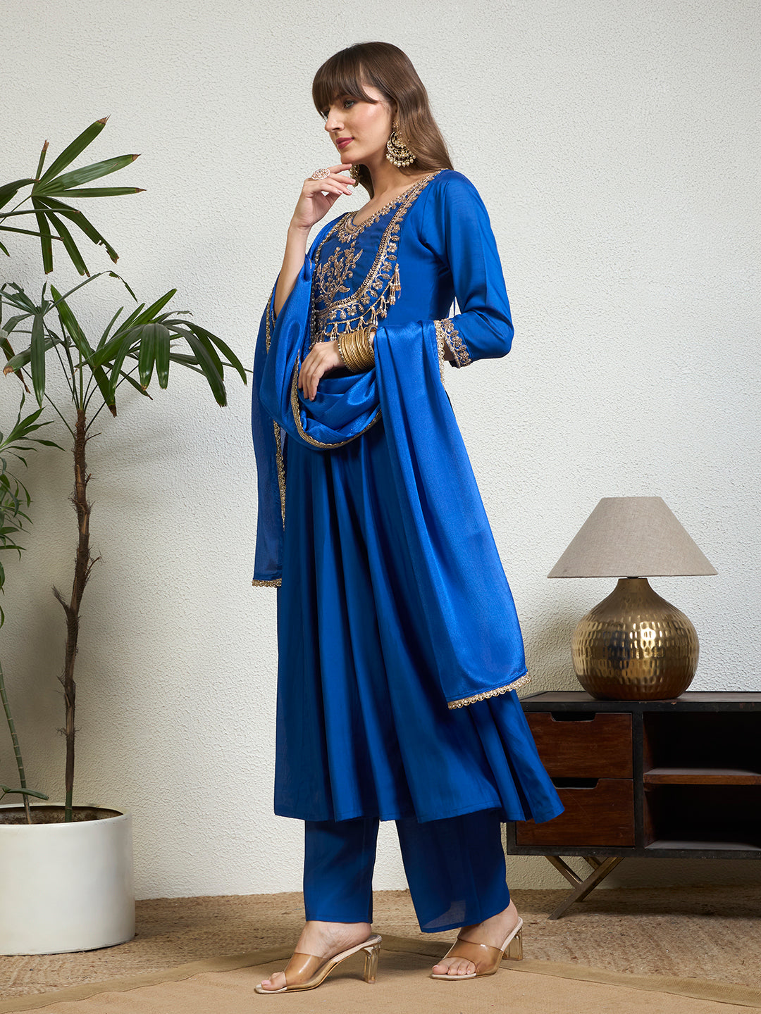 Women Royal Blue Emblished Zardosi Work With Tassel Yoke Anarkali Kurta Set with Straight Pants & Dupatta