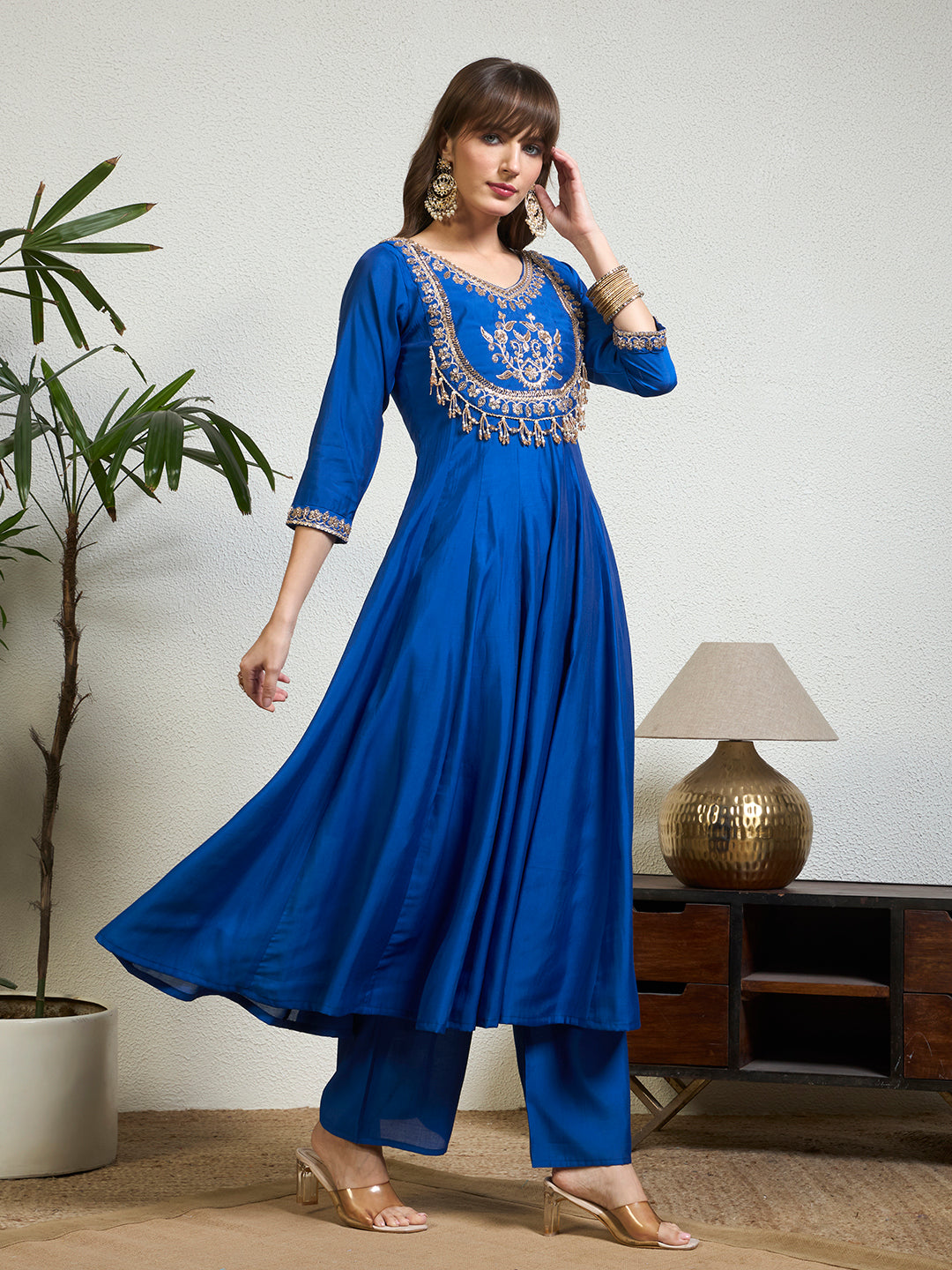 Women Royal Blue Emblished Zardosi Work With Tassel Yoke Anarkali Kurta Set with Straight Pants & Dupatta