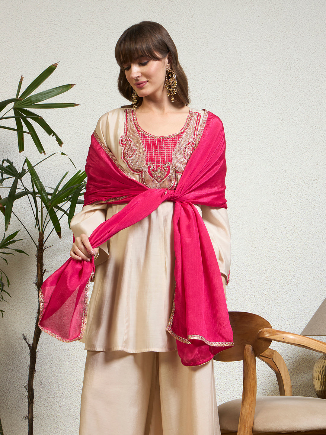 Women Emblished Zardosi Patchwork Top Set with Wide-Leg Palazzo & Dupatta For Festive & Wedding Ethnic Wear