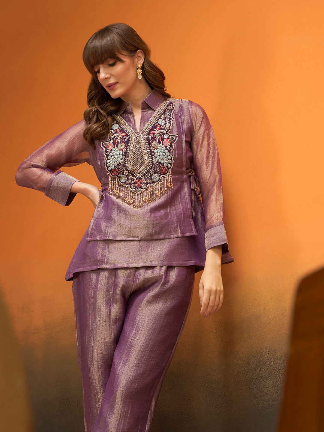Women Mauve Purple Peacoke Embroidered Layered Co-Ord Set with Wide-Leg Pants For Festive Indo-Western Wear