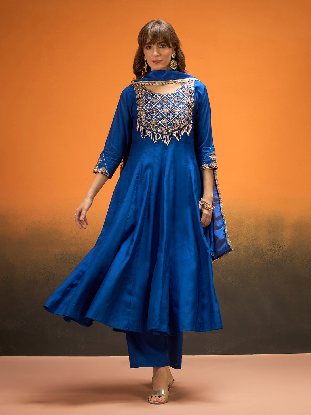 Women Embellished & Tassel Detailed Anarkali Kurta Set with Trousers & Dupatta