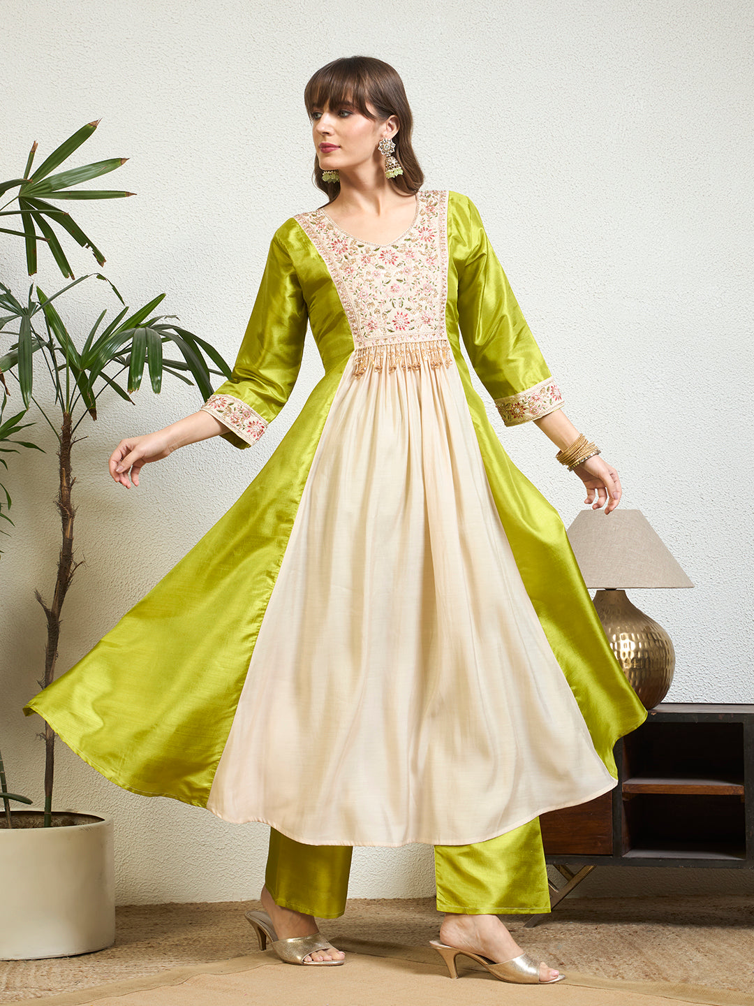 Women Lime Green & Cream Embellished Anarkali Kurta Set with Tassel Detailing & Pant And Dupatta