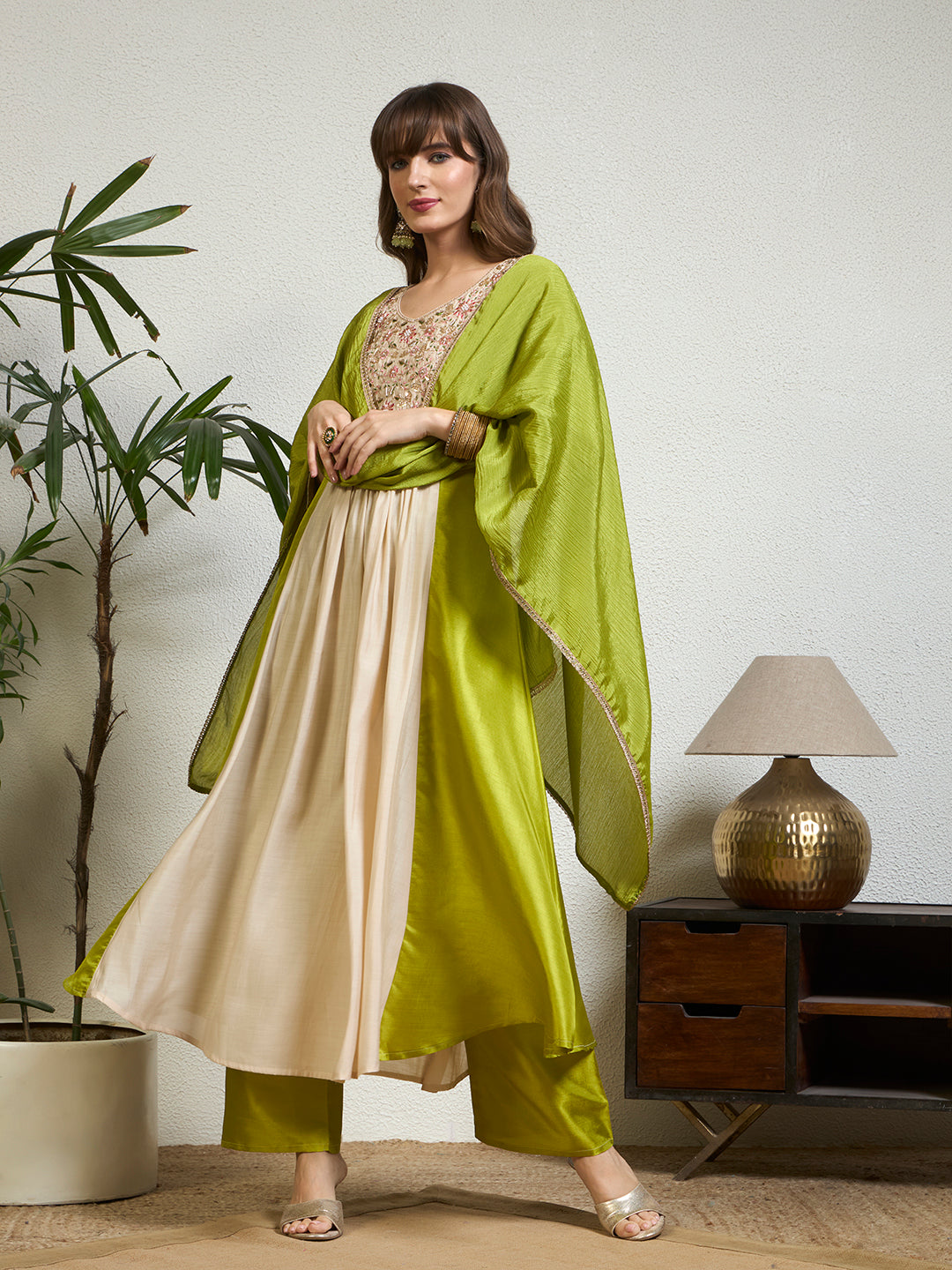 Women Lime Green & Cream Embellished Anarkali Kurta Set with Tassel Detailing & Pant And Dupatta