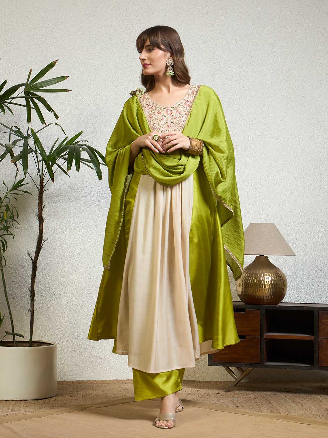 Women Lime Green & Cream Embellished Anarkali Kurta Set with Tassel Detailing & Pant And Dupatta
