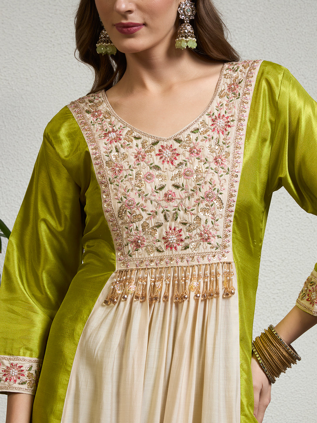 Women Lime Green & Cream Embellished Anarkali Kurta Set with Tassel Detailing & Pant And Dupatta