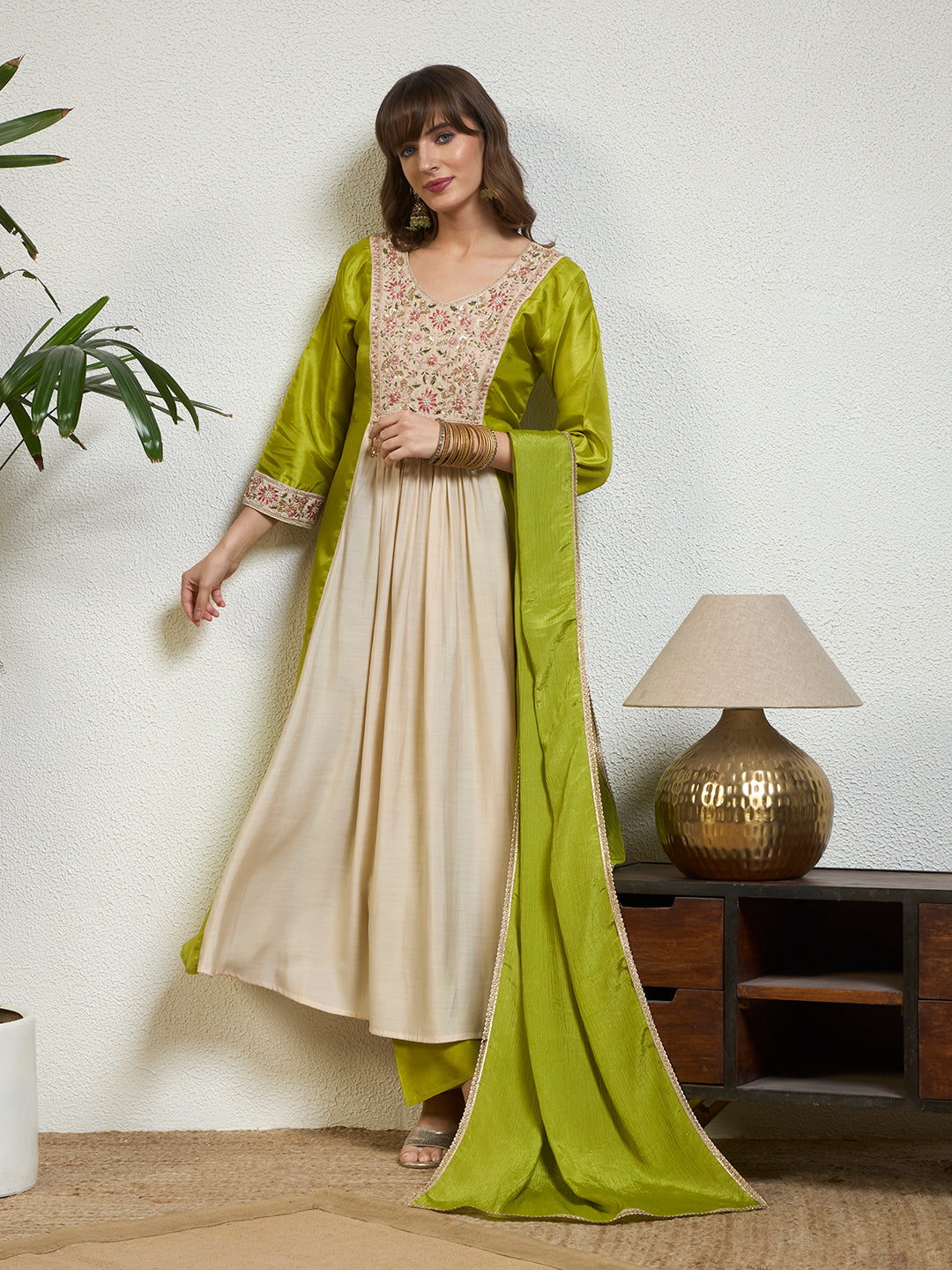 Women Lime Green & Cream Embellished Anarkali Kurta Set with Tassel Detailing & Pant And Dupatta
