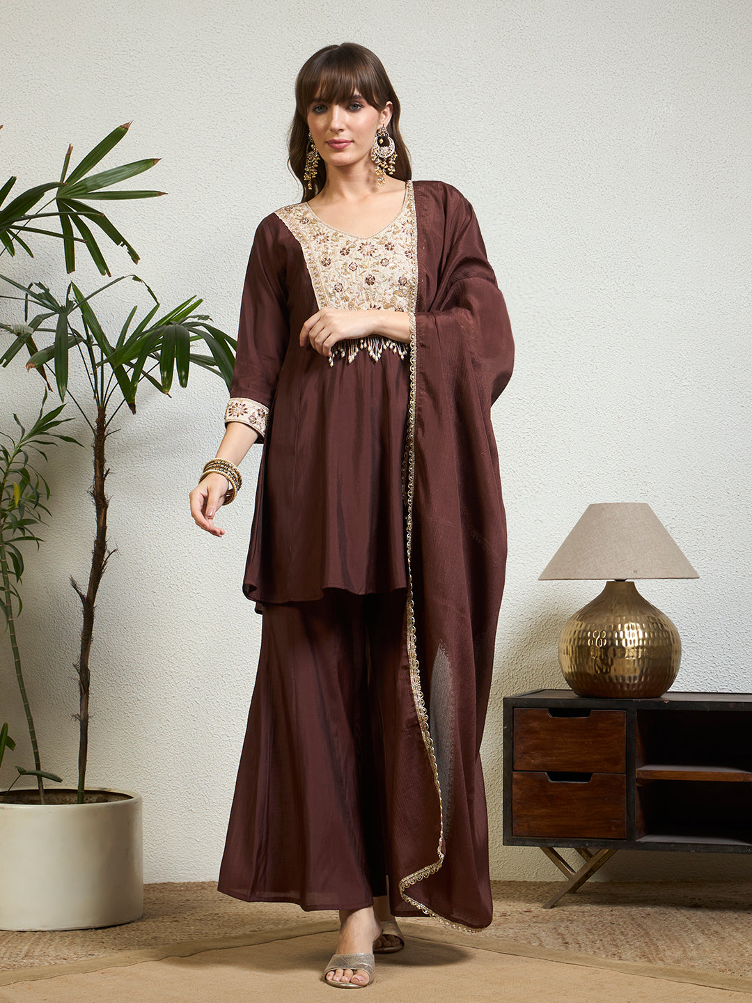 Women Chocolate Brown Embellished Kurta Palazzo Set with Dupatta & Tassel Detailing