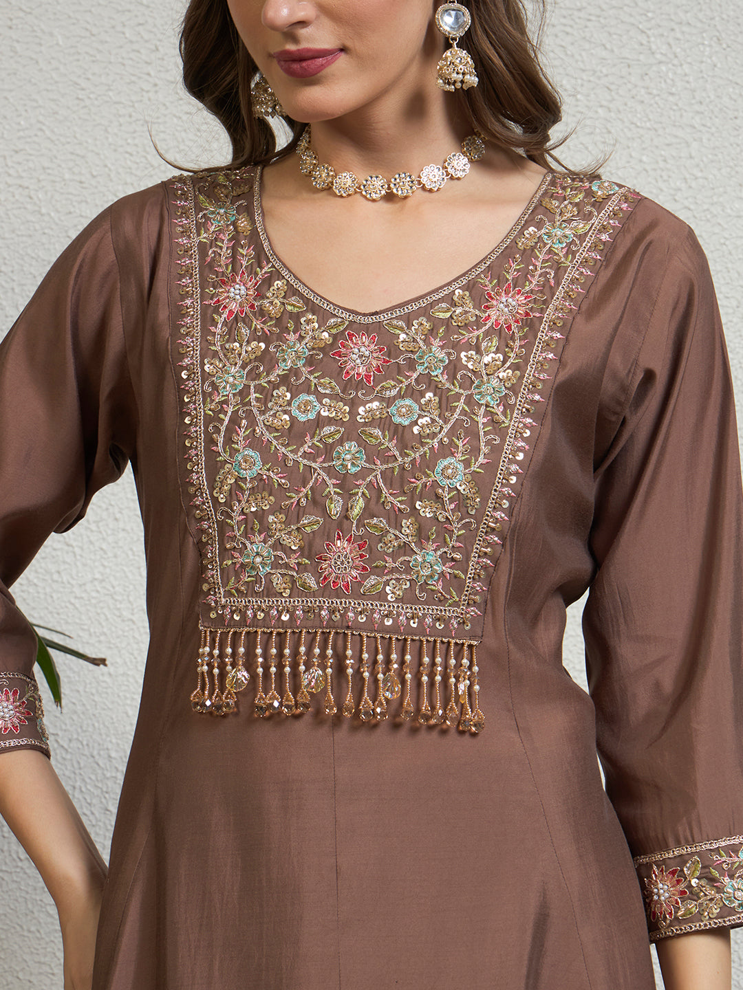 Women Brown Embellished Anarkali Kurta Set with Tassel Detailing, Pant & Dupatta
