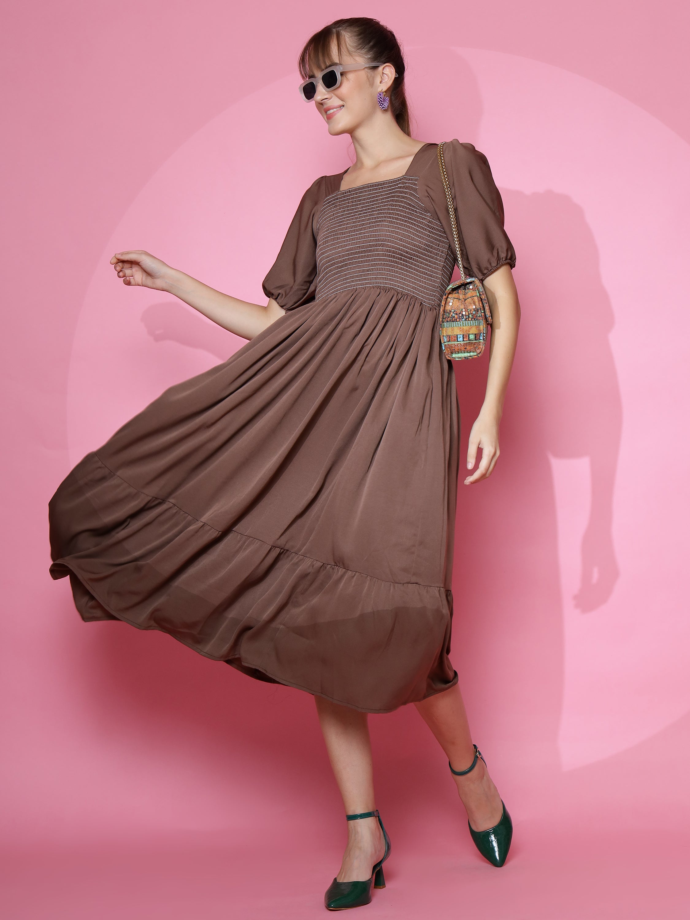 Women Solid Square Neck Fit and Flare Brown Dress