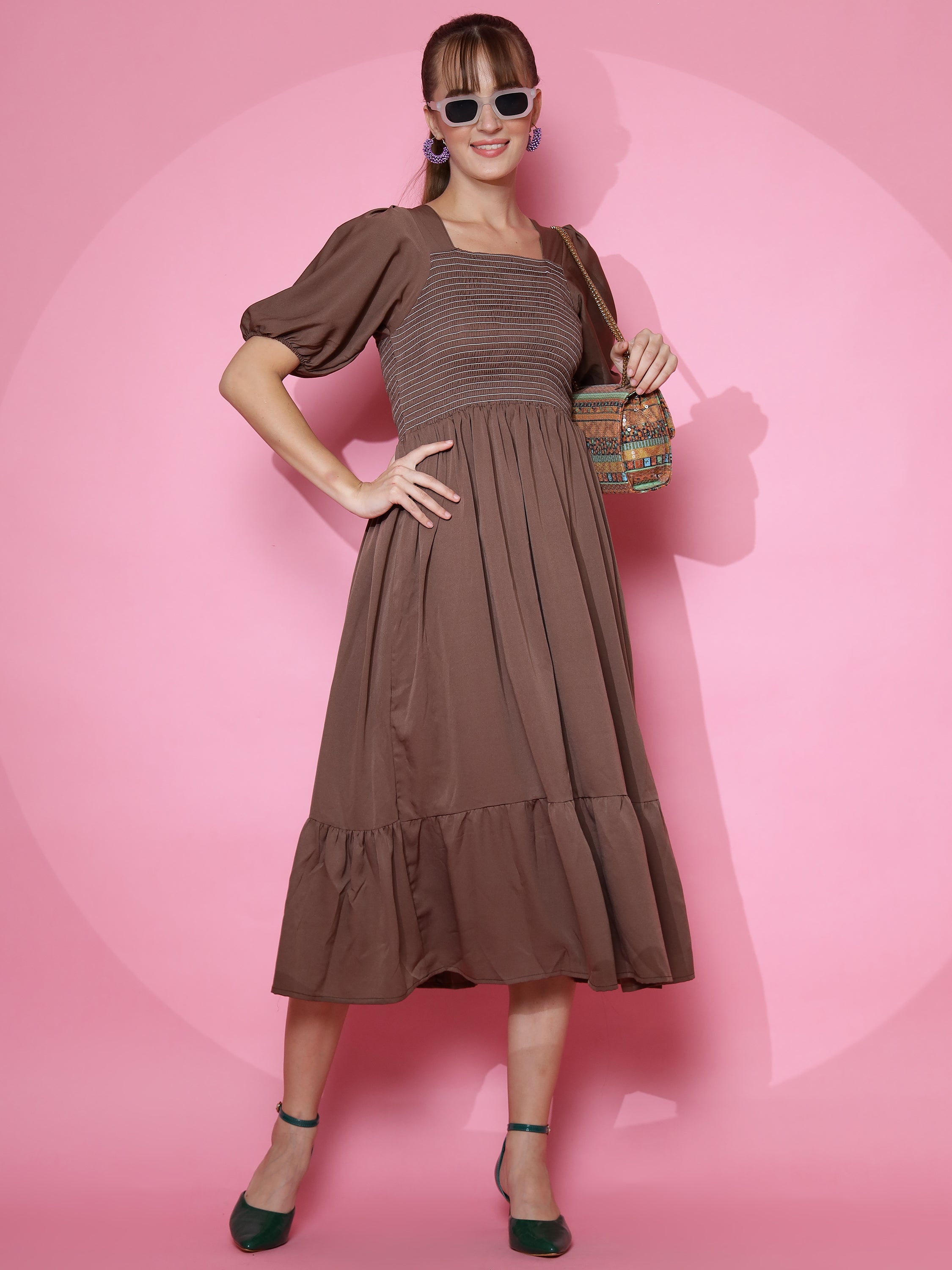 Women Solid Square Neck Fit and Flare Brown Dress