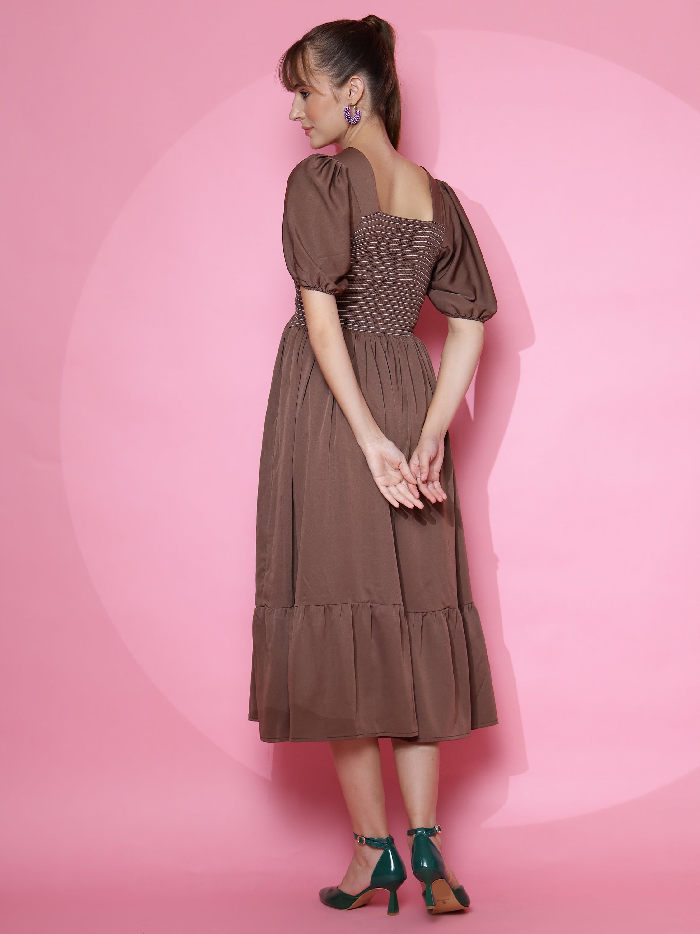 Women Solid Square Neck Fit and Flare Brown Dress