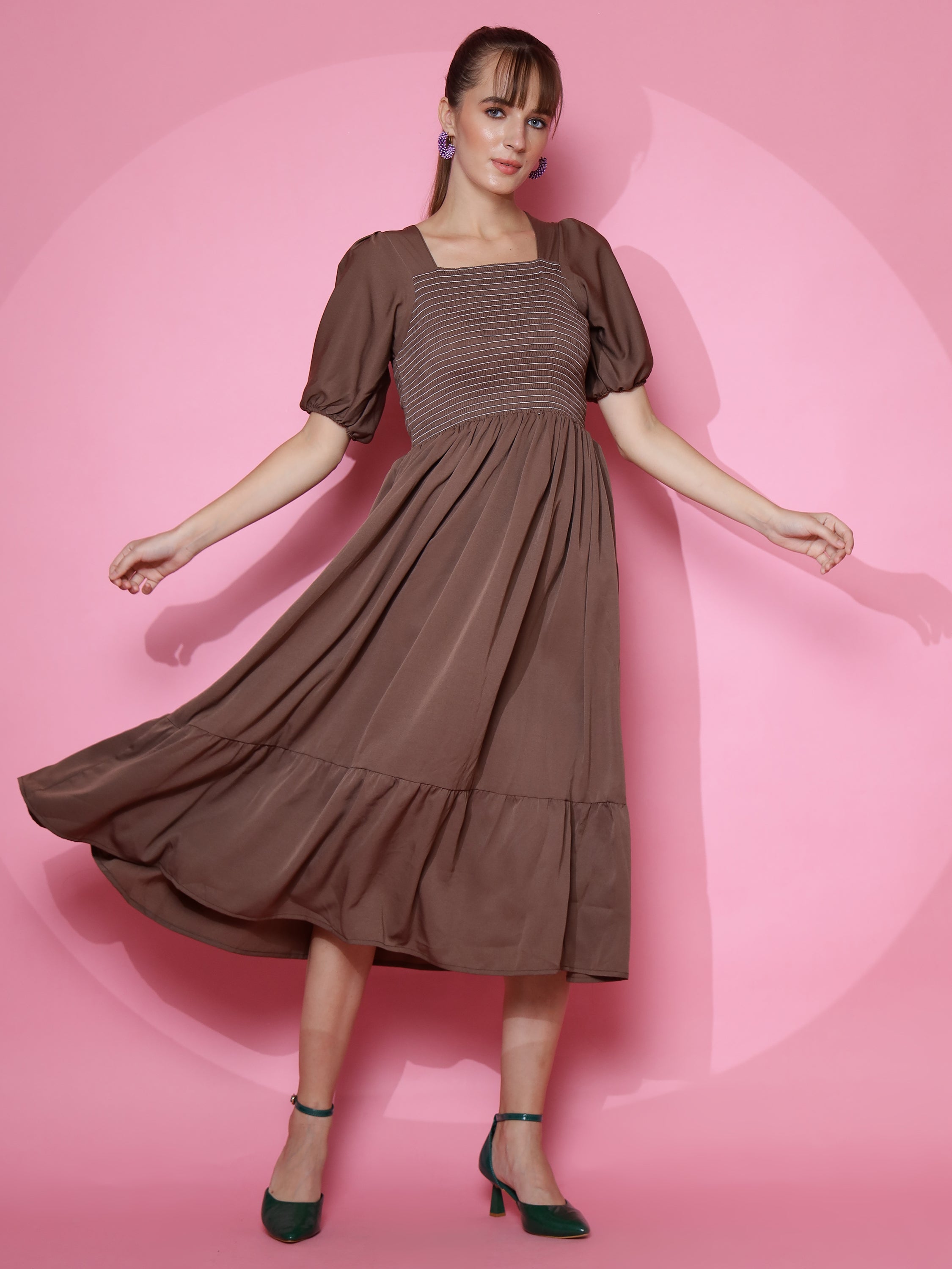 Women Solid Square Neck Fit and Flare Brown Dress