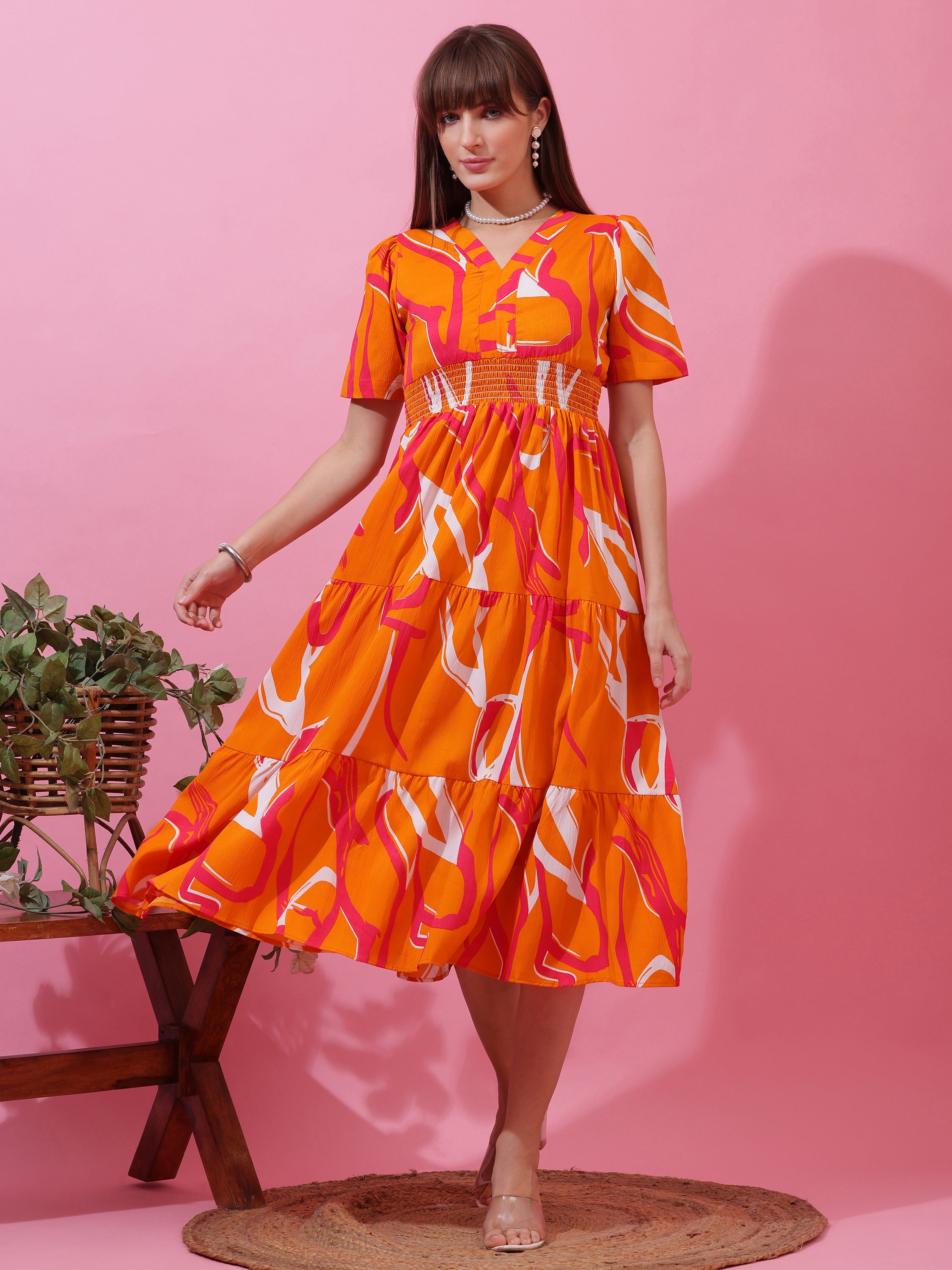 Women’s Orange Abstract Printed V-Neck Fit & Flare Midi Dress
