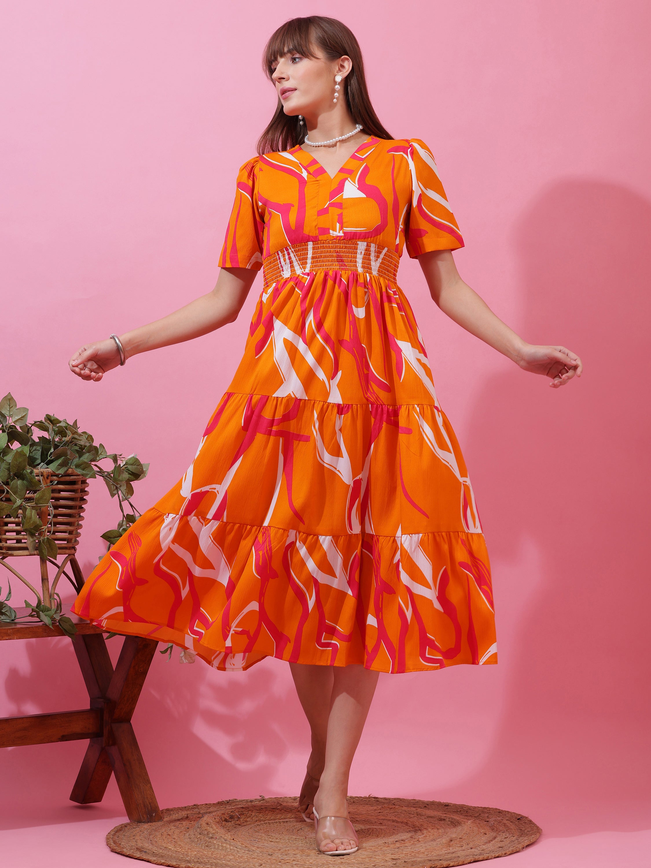 Women’s Orange Abstract Printed V-Neck Fit & Flare Midi Dress