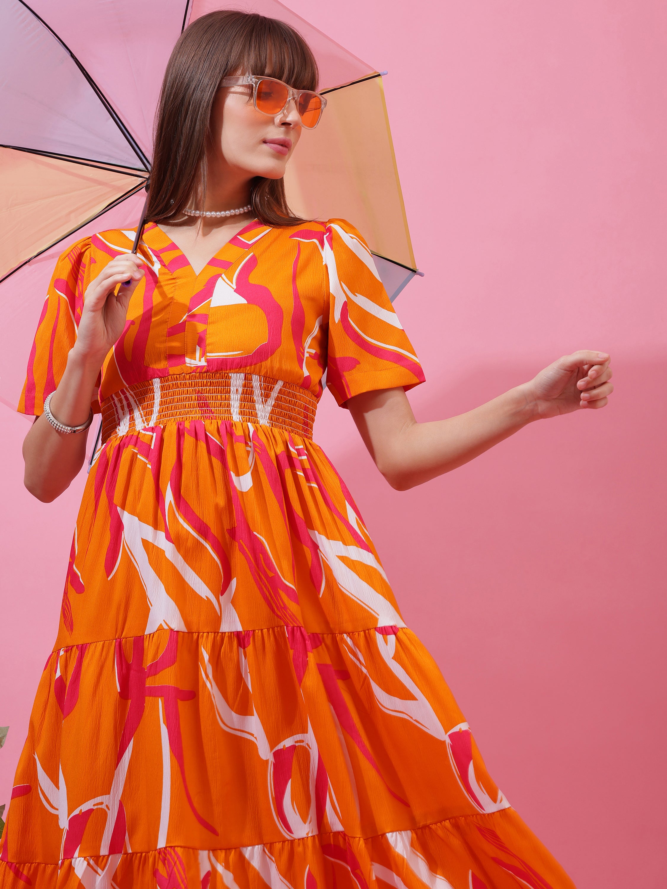 Women’s Orange Abstract Printed V-Neck Fit & Flare Midi Dress