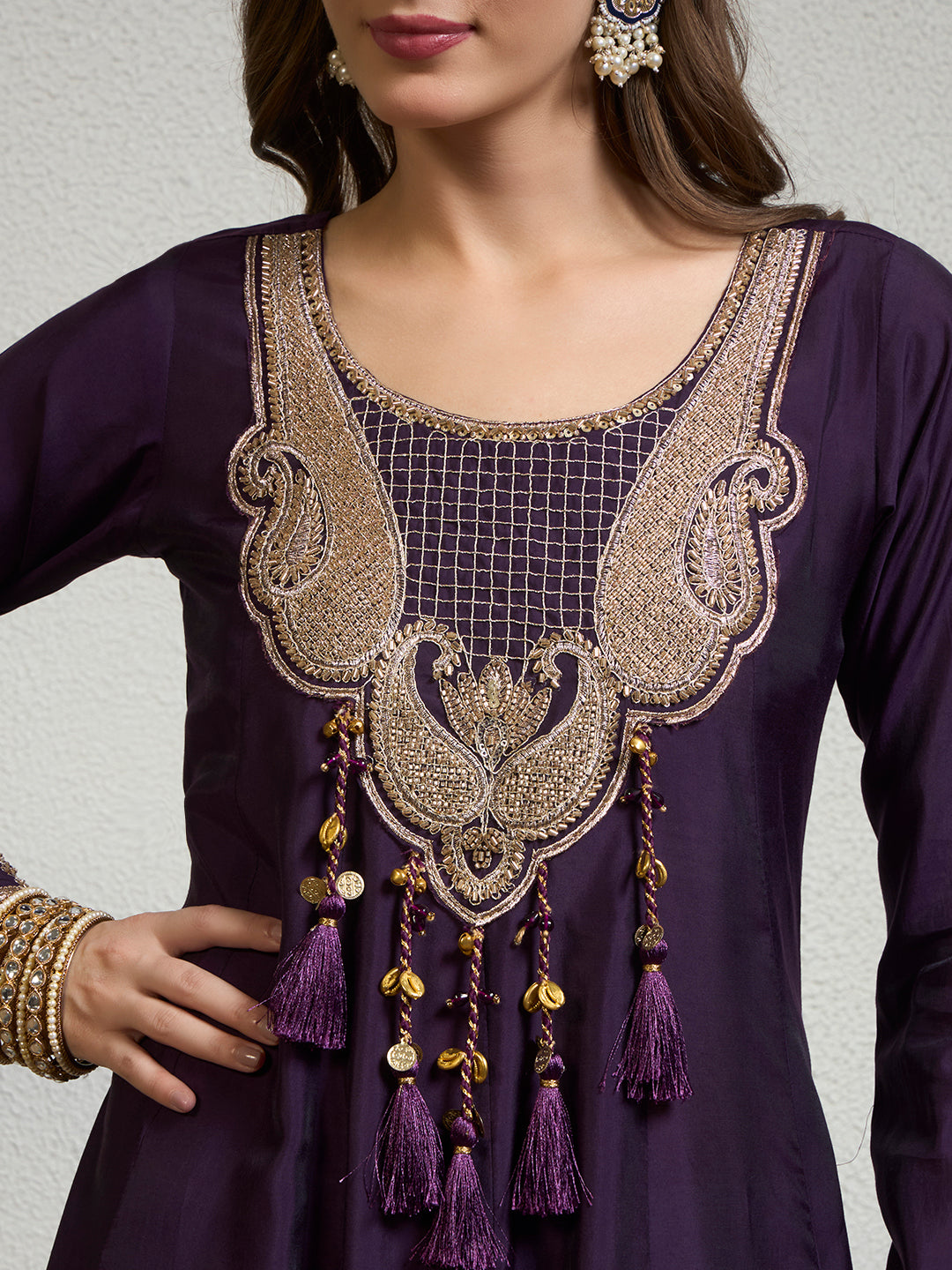 Women Deep Purple Embellished Anarkali Kurta Set with Tassel Detailing, Trousers & Dupatta