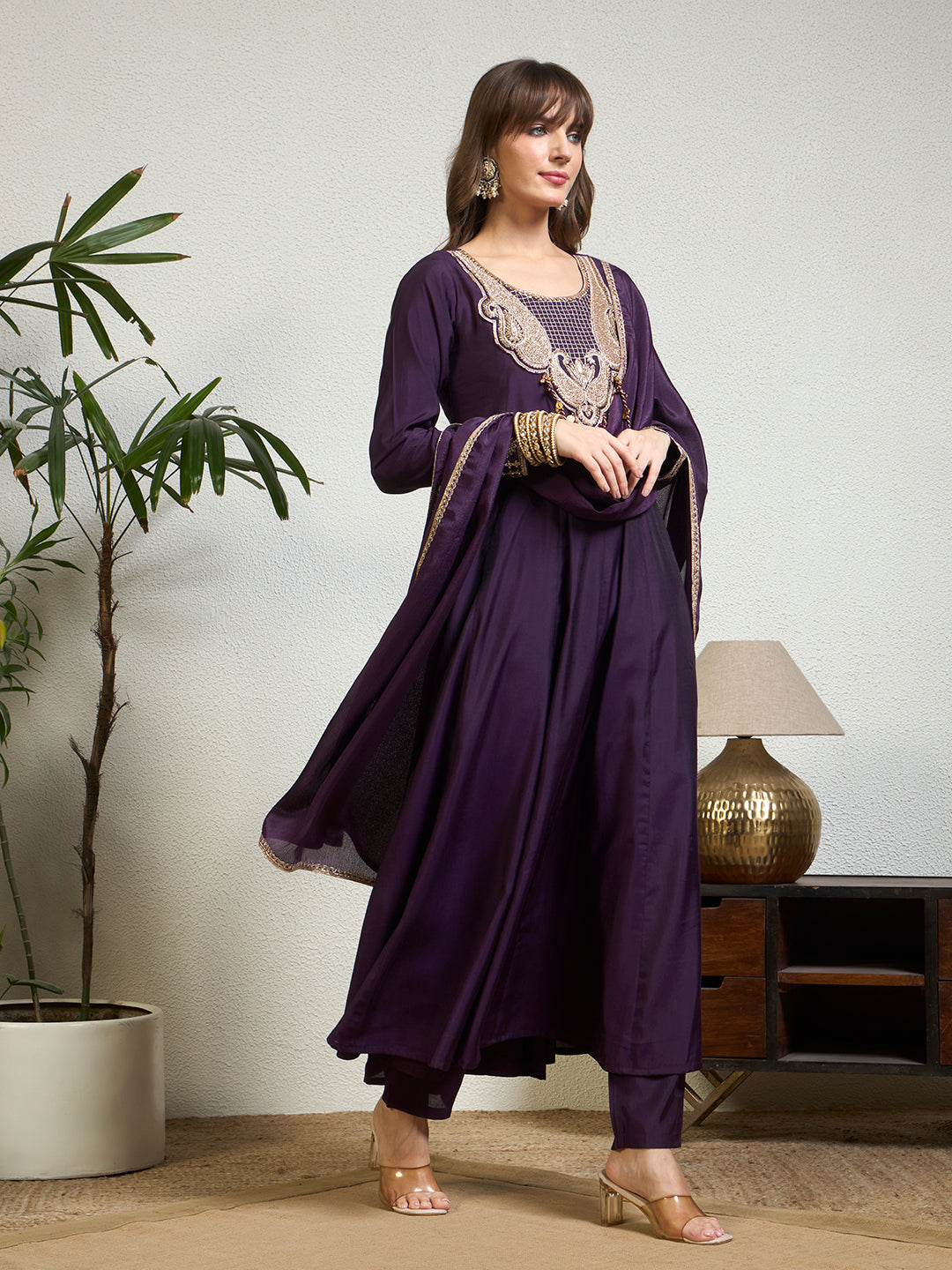 Women Deep Purple Embellished Anarkali Kurta Set with Tassel Detailing, Trousers & Dupatta