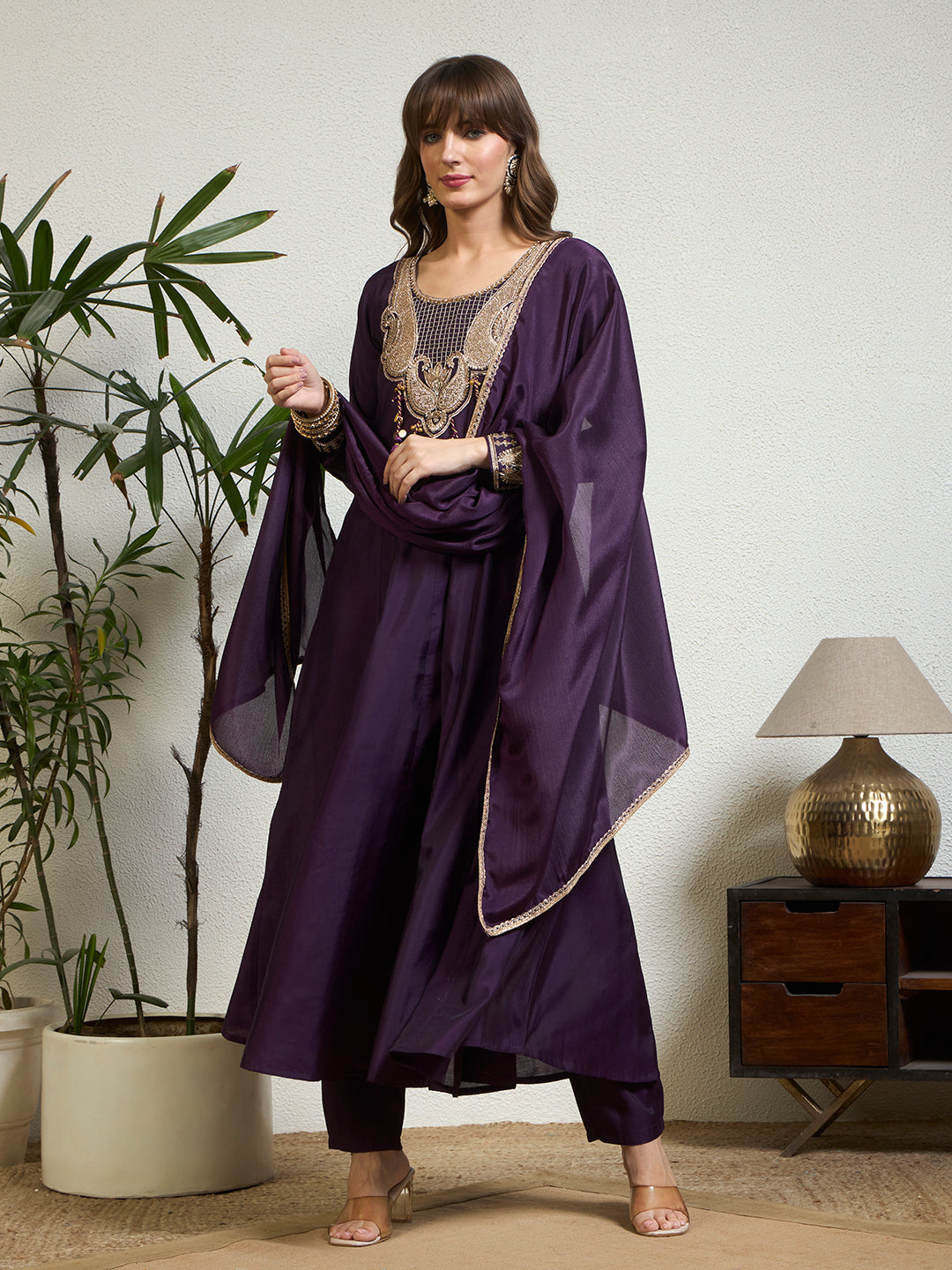 Women Deep Purple Embellished Anarkali Kurta Set with Tassel Detailing, Trousers & Dupatta