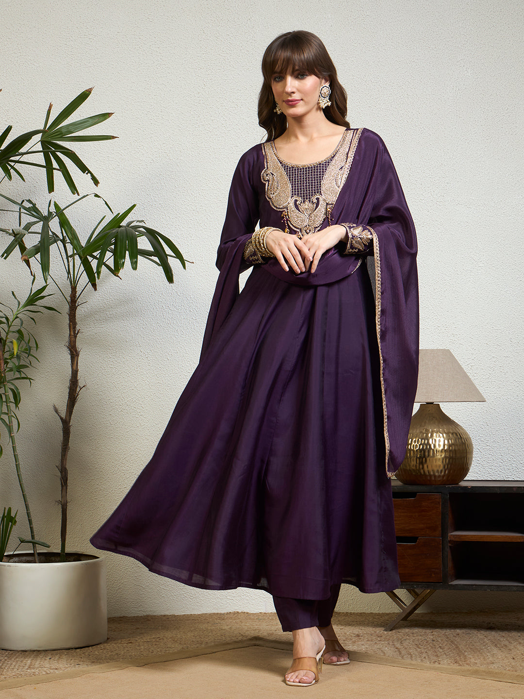 Women Deep Purple Embellished Anarkali Kurta Set with Tassel Detailing, Trousers & Dupatta