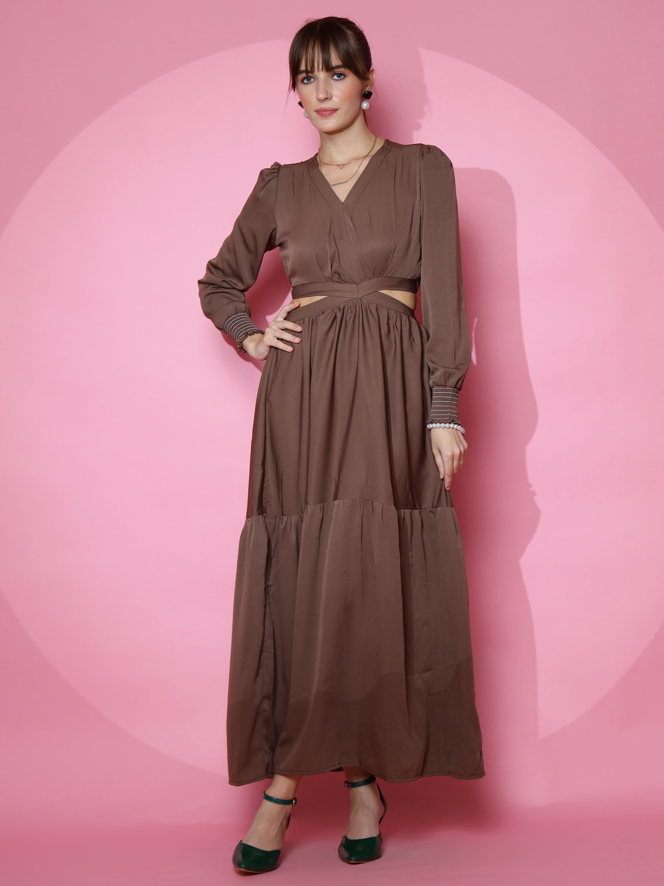 Women Solid V-Neck Full Sleeve Brown Cut Out Dress