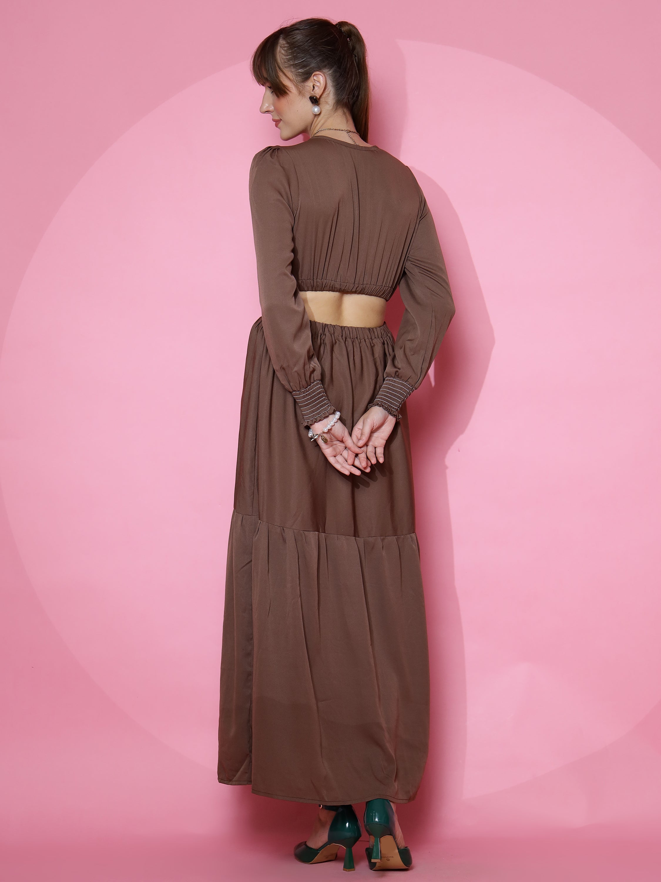 Women Solid V-Neck Full Sleeve Brown Cut Out Dress