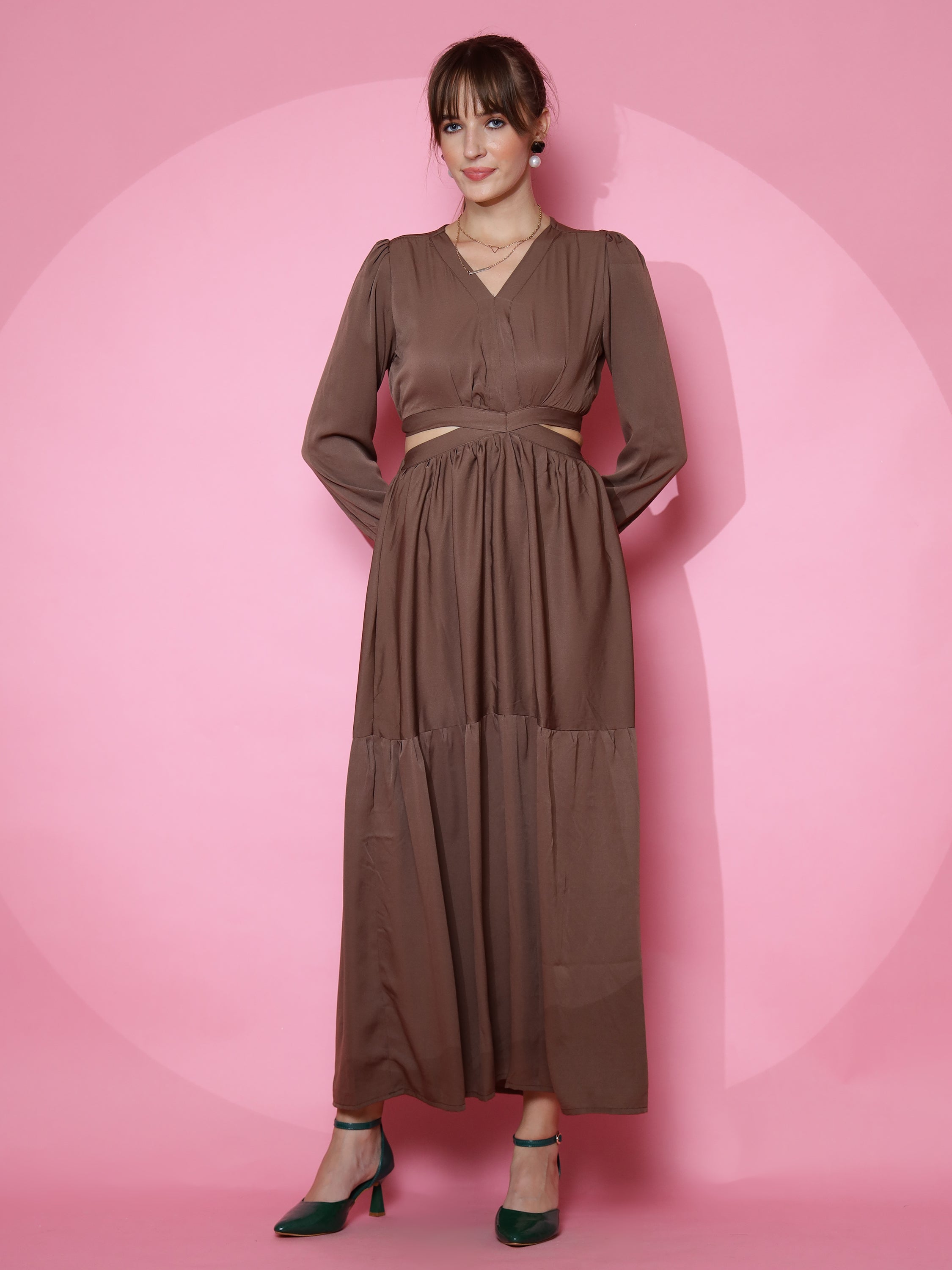 Women Solid V-Neck Full Sleeve Brown Cut Out Dress