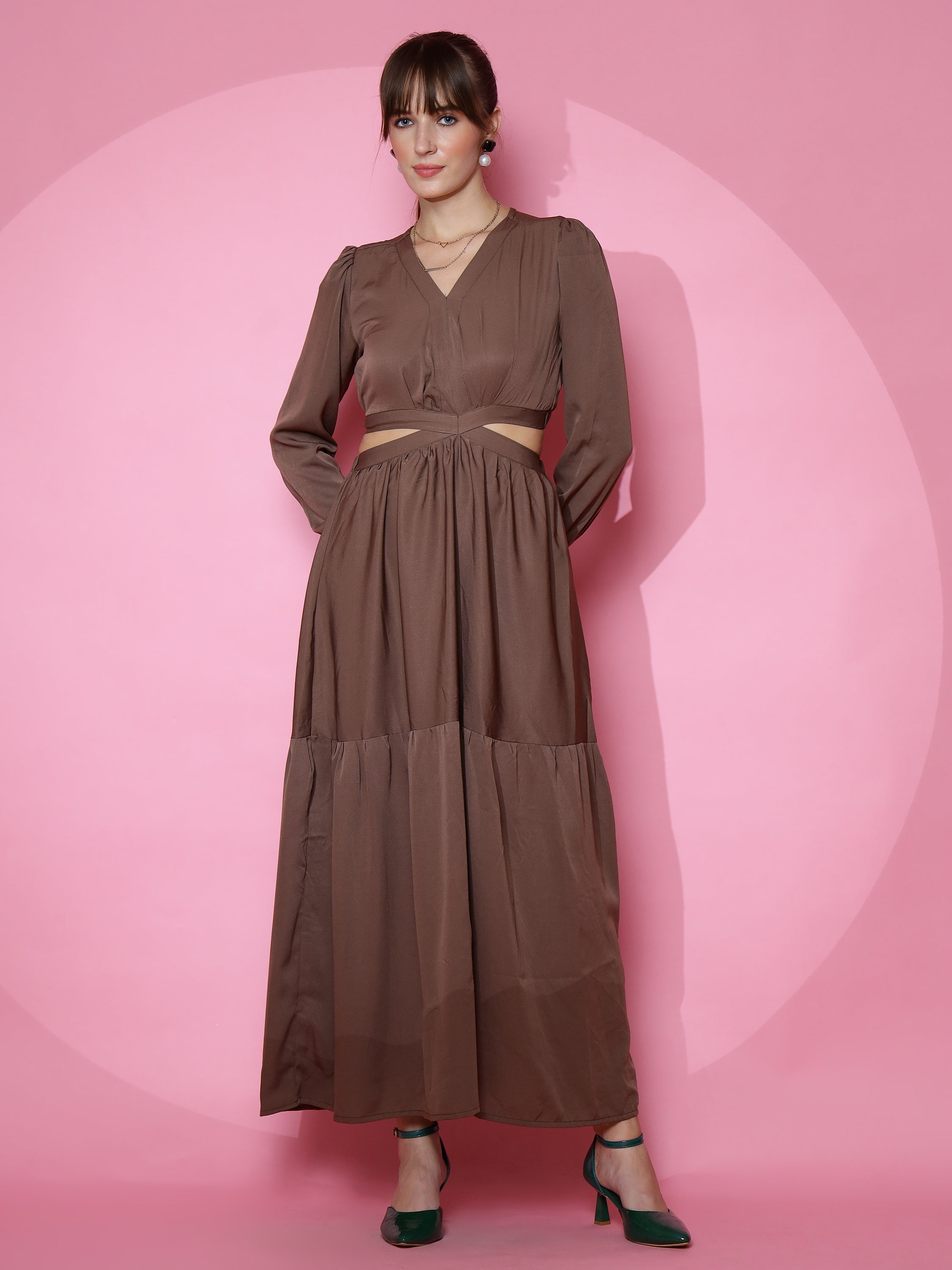 Women Solid V-Neck Full Sleeve Brown Cut Out Dress