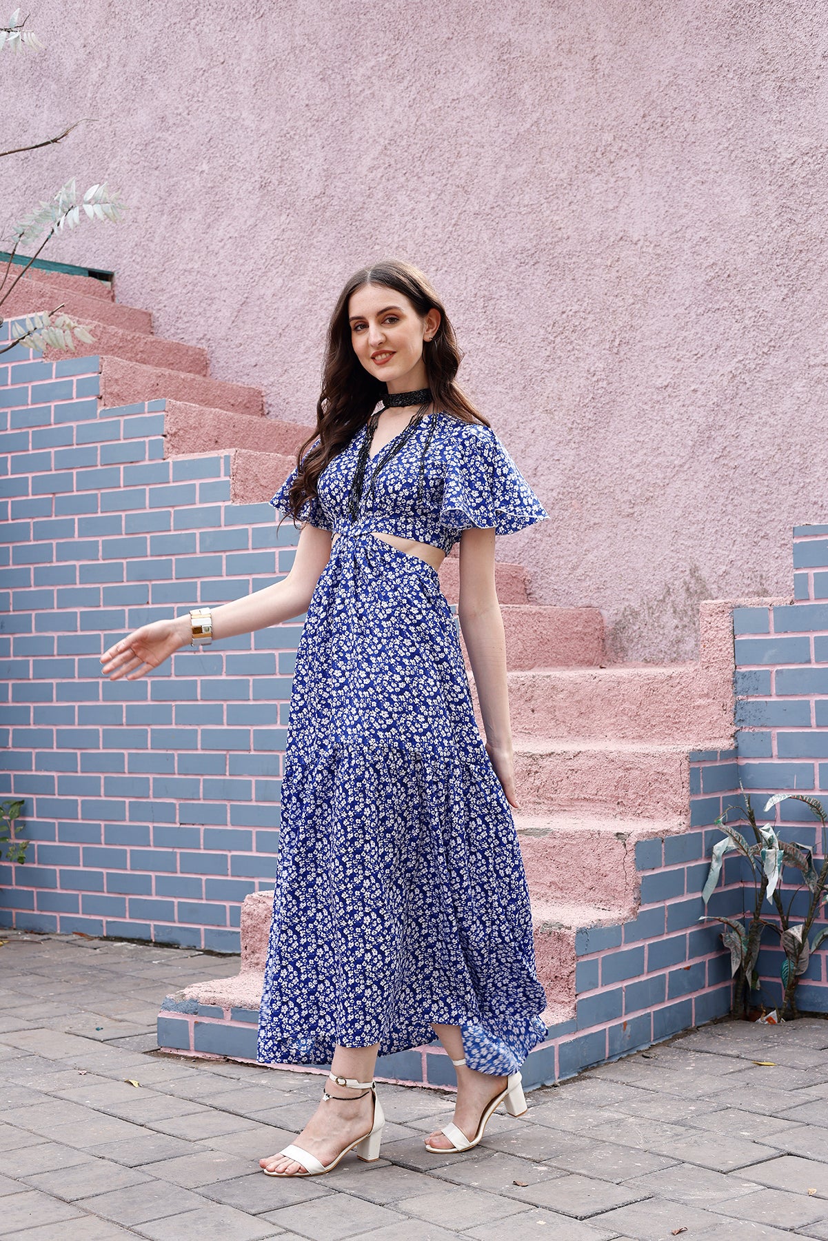 Blue Floral Waist Cut-Out Maxi Dress