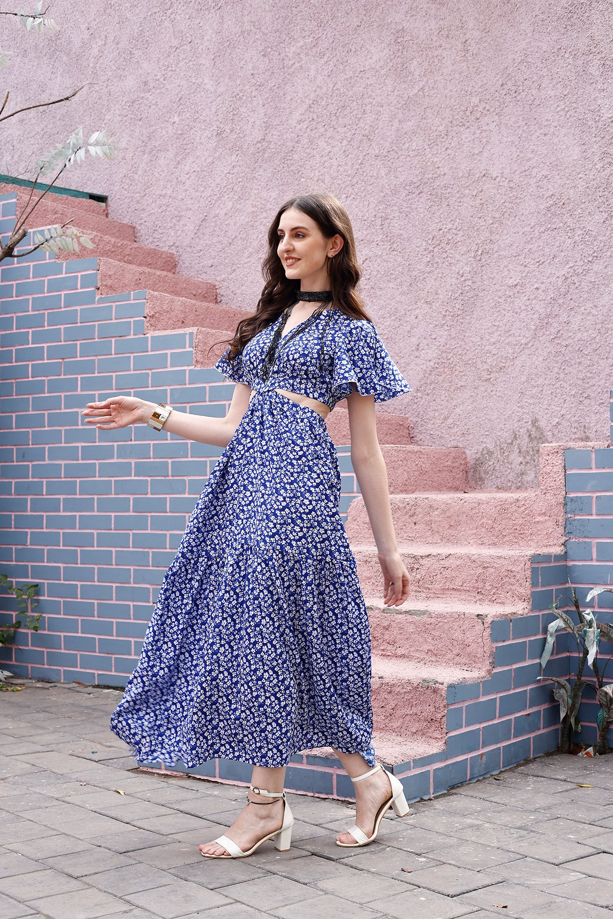 Blue Floral Waist Cut-Out Maxi Dress