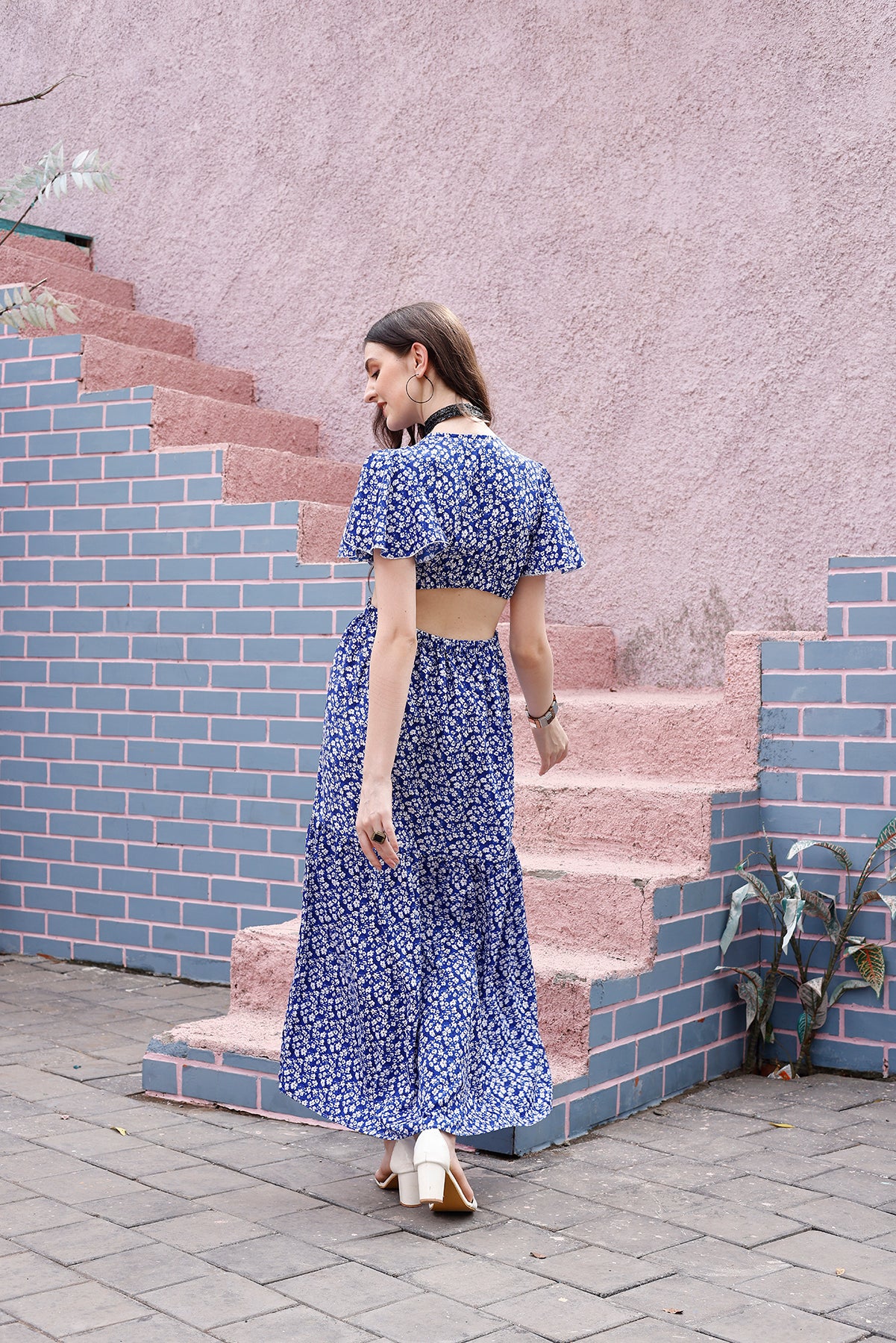 Blue Floral Waist Cut-Out Maxi Dress