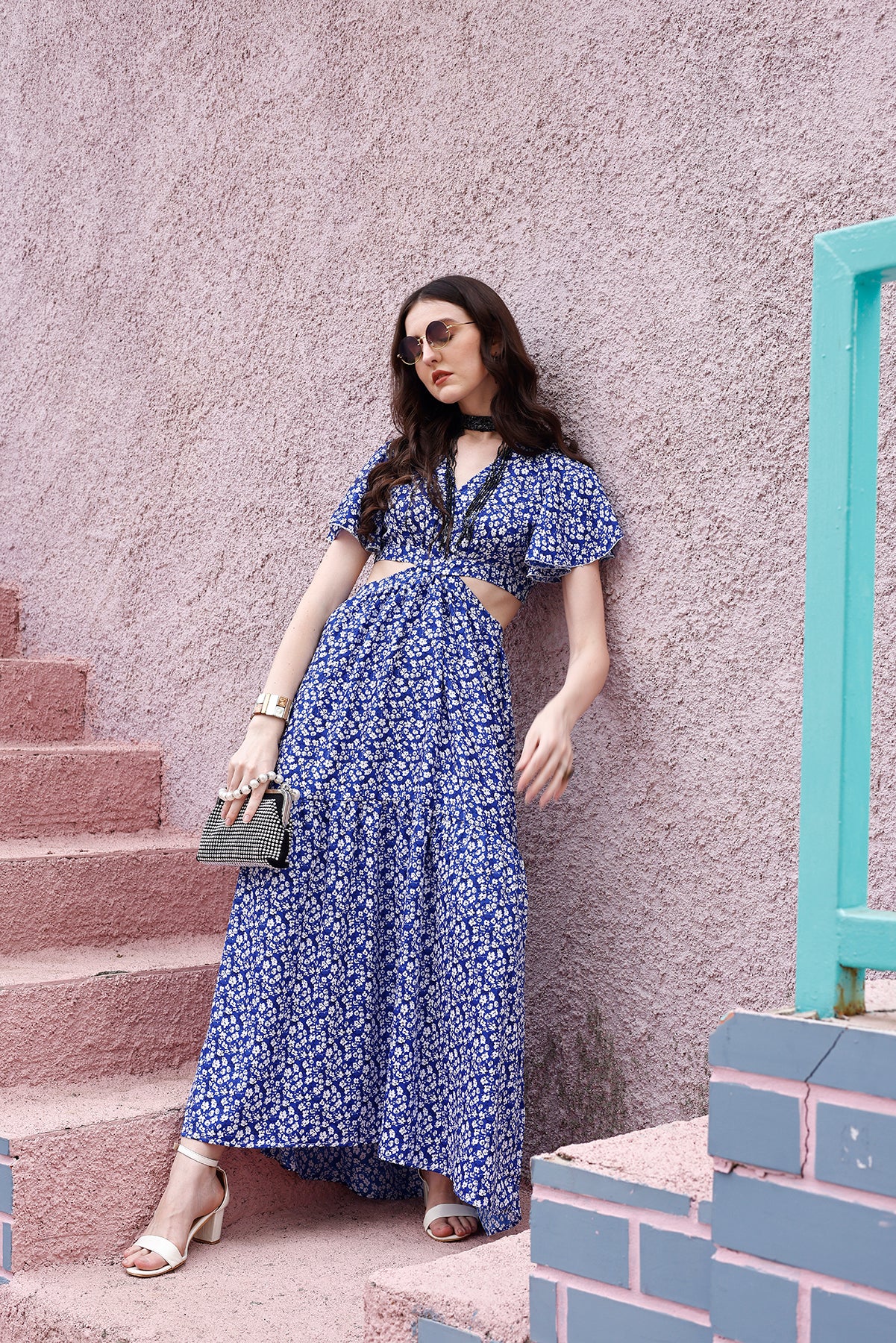 Blue Floral Waist Cut-Out Maxi Dress