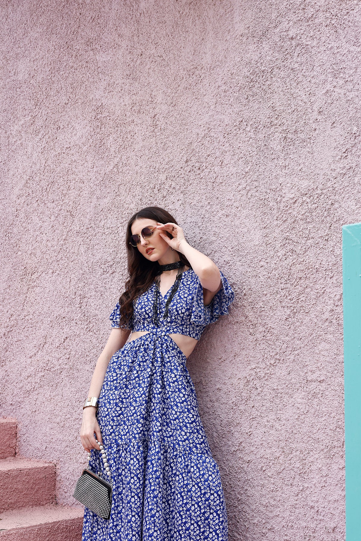 Blue Floral Waist Cut-Out Maxi Dress