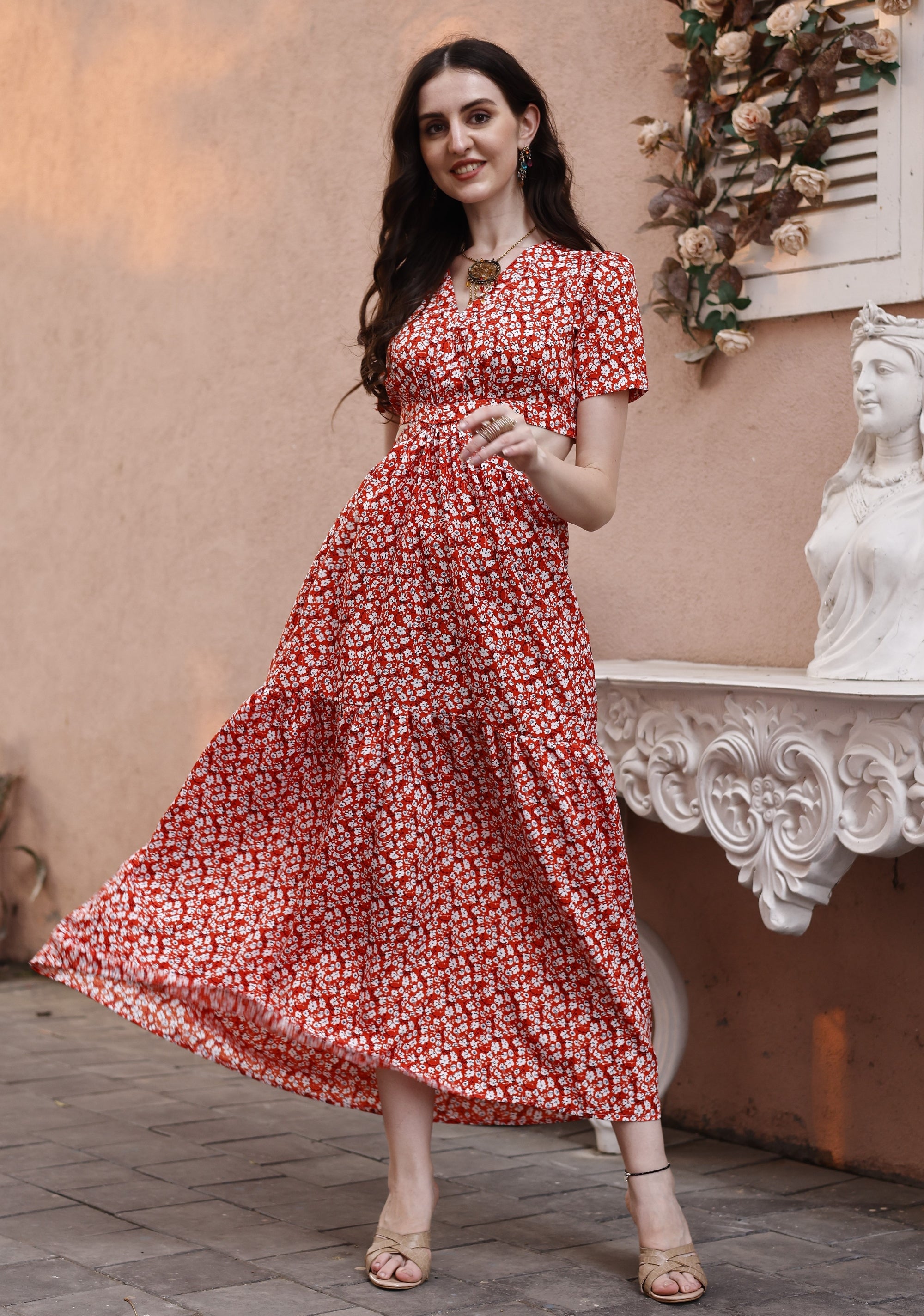 Women Red Fit & Flare cut out Waist V-Neck Maxi Dress