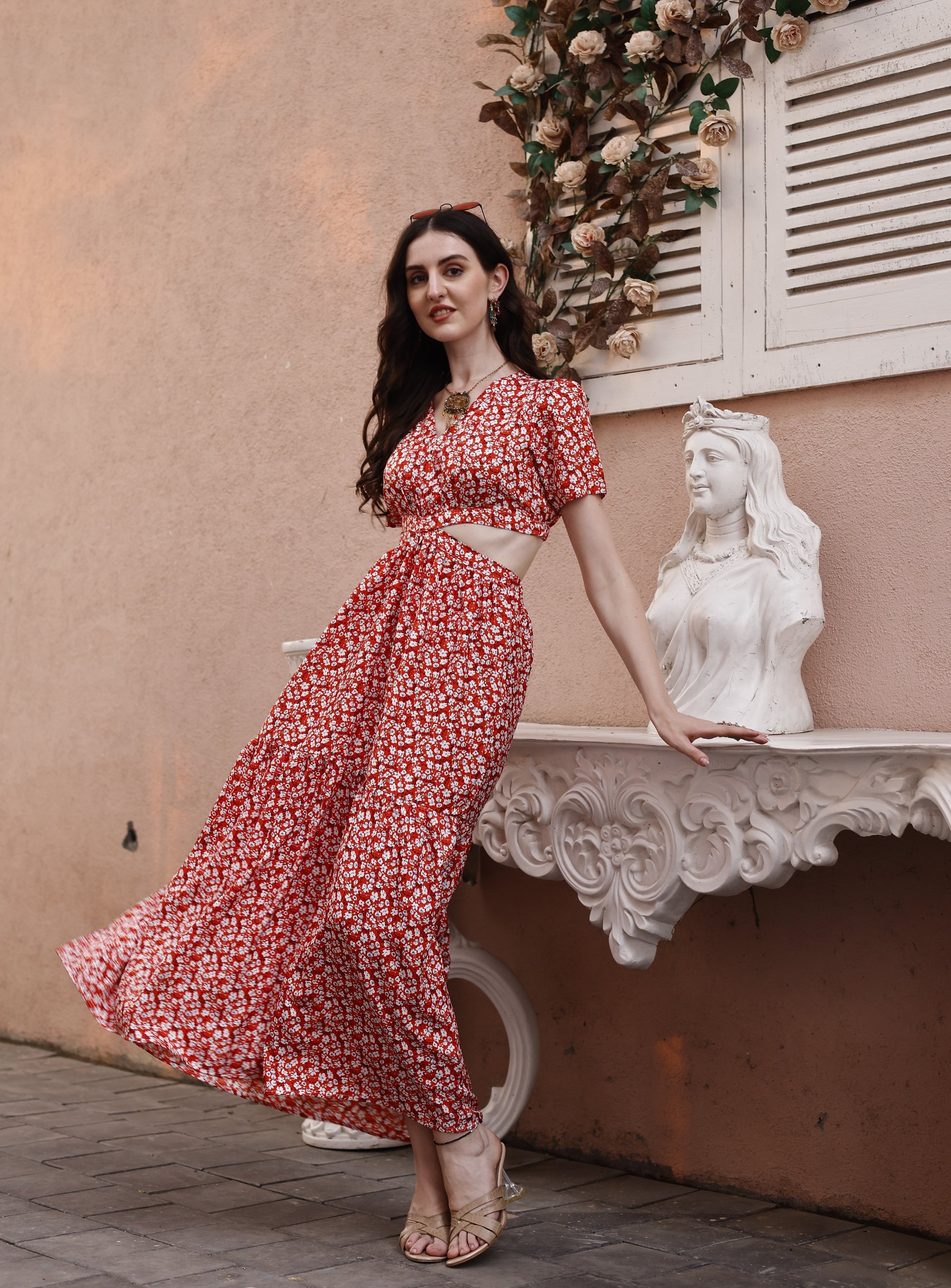 Women Red Fit & Flare cut out Waist V-Neck Maxi Dress